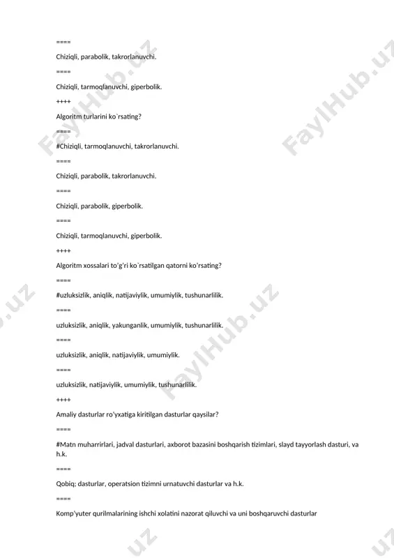 ligi, u kompilyator tomonidan yaxlit ir operator deb qabul qilinadi ++++ c++ da 10 darajasi x qanday yoziladi? ==== #pow(10,x) ==== pow10(x) ==== pow(x,10) ==== 10^x ++++ c++ dagi kod ekranga nima chiqaradi? int a = 5; cout<< a / 2; ==== #2 ==== 3 ==== 4 ==== 2.5 ++++ c++da operatorlar qanday belgi bilan ajratiladi? ==== #; ==== “ ” (probel) ==== : ==== , ++++ c++da operatorlar qanday belgi bilan ajratiladi? ==== #; ==== “ ” (probel) ==== : ==== , ++++ c++ dasturlash tilida belgili tip qanday e’lon qilinadi? ==== #char ==== int ==== float ==== string ++++ c++ dasturlash tilida butun sonli tip qanday e’lon qilinadi? ==== #int ==== float ==== bool ==== string ++++ c++ dasturlash tilida funksiya qiymat qaytarishida qaysi kalit so’zi ishlatiladi? ==== #return ==== exit_success ==== getline ==== cout ++++ c++ dasturlash tilida haqiqiy sonli tip qanday e’lon qilinadi? ==== #float ==== …