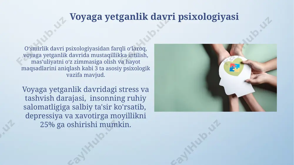 sullaridan biri bu kognitiv-xulq terapiyasi (kxt) bo'lib, u 70% dan ortiq hollarda stress bilan bog'liq muammolarni yengishga yordam beradi va salbiy fikrlash usullarini o'zgartirishga qaratilgan. stress 3 bosqichda (reaksiya, qarshilik, charchoq) kechishi mumkin va har bir bosqich organizmning turli fiziologik va psixologik reaktsiyalarini o'z ichiga oladi, shu jumladan qon bosimining o'zgarishi va kayfiyatning buzilishini. shaxsiyat va uning rivojlanishi oʻz-oʻzini anglash va oʻziga boʻlgan hurmat kabi psixologik jarayonlar shaxsiyatning sogʻlom rivojlanishi va moslashuvchanligini taʼminlashda muhim ahamiyatga ega. shaxsiyatning rivojlanishi 5 bosqichdan iborat boʻlib, har bir bosqichda muayyan psixologik vazifalar, masalan, ishonchlilik va mustaqillik hissini shakllantirish hal qilinadi. psixologik jarayonlarning inson hayotidagi ahamiyati kognitiv dissonans kabi psixologik hodisalar insonning o'ziga nisbatan munosabatini, xatti-harakatlarini va boshqalar bilan bo'lgan munosabatlarini tushunishda muhim rol o'ynaydi, bu esa 3 ta asosiy psixologik mexanizm orqali amalga oshadi. insonning kundalik hayotdagi qarorlarining 95% dan ortig'i ongsiz ravishda, hissiy-psixologik jarayonlar ta'siri ostida qabul qilinadi, bu esa ularning samaradorligiga va …