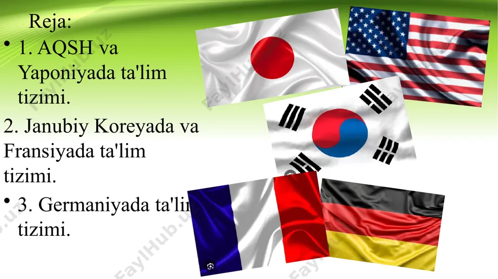 gilangan sinov (test)lar ikki xil bo'ladi: sat (sxolastik aptityud test); akt (amerikan kollej test) sinovlari. sat sinovlari murakkabroq bo'ladi. mashhur universitetlarga kirish uchun sat sinovlarini topshirish shart bo'ladi. bulardan tashqari murakkablashtirilgan sinov ham bor. bu sinovni oliy maktablarga kirayotgan barcha talat alar ham topshirishlari shart emas. mabodo biror talaba shu murakkablashtirilgan sinovlarni topshirib universitetga kirsa, u talabaga maxsus stipendiya beriladi. amerikaning eng katta boyligi bu agl. aql bu mamlakarda qadrlanadi, aqlli talabalar alohida taqdirlanadi. aqili, a'lochi talabalar o'quv yurtlarining faxri sanalgani sababli ham, ularga turli yo'llar bilan yordam berish, stipendiyalar tayinlash orqali ularni o'quv yurtlarida saqlashga harakat qiladilar. o'zi tanlagan sohada yutuqlarga erishayotgan talabalar ro'yxati har yili alohida kitobda nashr etilib turiladi. bundan maqsad mazkur soha bilan qiziquvchi kompaniyalarning e'tiborini bo'lajak olimlarga qaratishdir. yaponiyada ta'lim tizimi majburiy ta'lim. ta'limning pog'onasi 6 yoshdan 15 yoshgacha bo'lgan bolalarni o'z ichiga oladi. 6 yillik boshlang'ich ta'lim va 3 yillik kichik o'rta maktab, 9 …