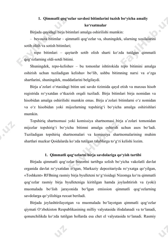 jarayonida bo‘lgan emission qimmatli qog‘ozlarning savdolarga qo‘yilishiga ruxsat beriladi. birjada joylashtirilayotgan va muomalada bo‘layotgan qimmatli qog‘ozlar qiymati o‘zbekiston respublikasining milliy valyutasida ifodalanadi va to‘lanadi, qonunchilikda ko‘zda tutilgan hollarda esa chet el valyutasida to‘lanadi. rasmiy birja byulletenidagi qimmatli qog‘ozlar listing kompaniyalarining qimmatli qog‘ozlari va listingdan tashqari kompaniyalar qimmatli qog‘ozlariga bo‘linadi. 2. rasmiy birja byulleteni rasmiy birja byulleteni rasmiy birja listingi va listingdan tashqari kompaniyalarning qimmatli qog‘ozlarini o‘z ichiga oladi. lis tingdan tashqari kompaniyalarning qimmatli qog‘ozlariga quyidagilar kiradi: a) listing talablariga to‘g‘ri kelmaganligi sababli listing jara- yonidan o‘tmagan emitentlarning qimmatli qog‘ozlari; b) birja qoidalariga muvofiq ravishda ekspertizadan o‘tmagan holda birjaga joylashtirish va muomalada bo‘lish uchun buyurtma berilgan qimmatli qog‘ozlar; d) delisting natijasida rasmiy birja listingidan chiqarilgan emi- tentlarning qimmatli qog‘ozlari. ekspertizadan o‘tmagan holda birjaga joylashtirish va muomalada bo‘lish uchun buyurtma berilgan qimmatli qog‘ozlarga quyidagilar kiradi: a) davlat mulki qo‘mitasi tomonidan sotuvga qo‘yilgan davlat aktivlari (aksiyalari); b) joylashtirish vaqtida sotuvga qo‘yilgan aksiyalar; d) …