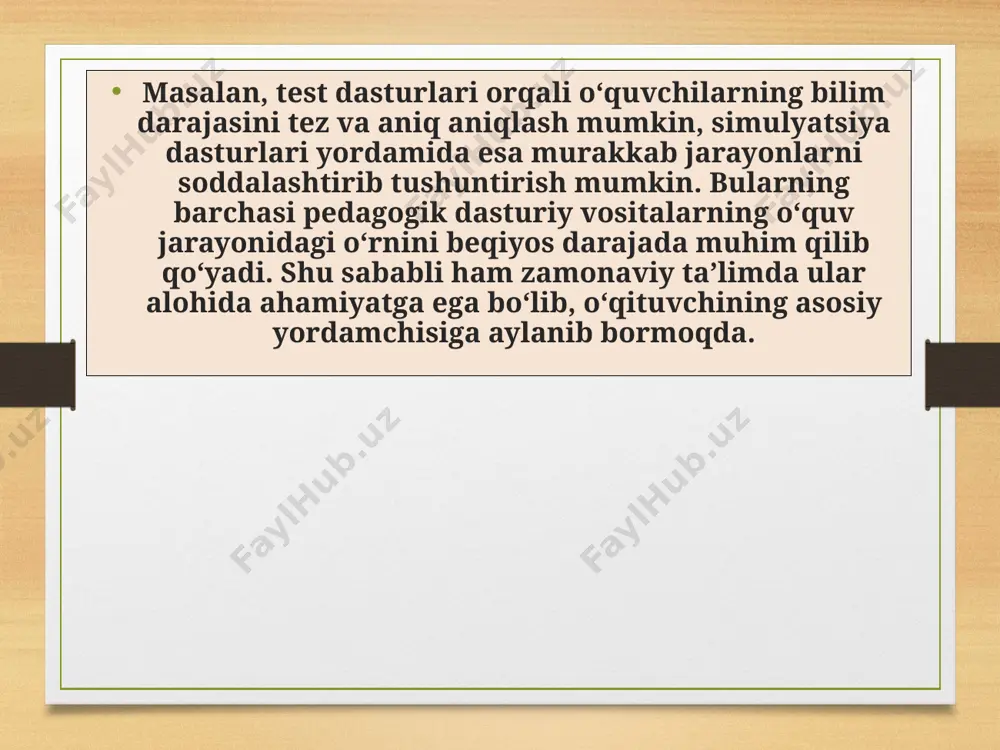 ndan rejalashtiriladi. natijada yillik reja o‘qituvchi uchun aniq yo‘riqnoma, o‘quvchi uchun esa bilim olish jarayonini izchil tashkil etish kafolatiga aylanadi. yillik rejalashtirishning ta’lim samaradorligini oshirishdagi ahamiyati nihoyatda katta. chunki o‘quv jarayonining izchil va tizimli tashkil etilishi natijasida o‘quvchilar bilimlarni muntazam, ketma-ketlikda va chuqur o‘zlashtirish imkoniga ega bo‘ladilar. rejalashtirilgan darslar orqali o‘qituvchi o‘quvchilarda nafaqat nazariy bilimlarni, balki amaliy ko‘nikmalarni ham shakllantiradi. yillik rejalashtirish o‘quv jarayonida vaqtni tejashga yordam beradi, chunki o‘qituvchi qaysi vaqtda qaysi mavzuni o‘tishini, qanday usullarni qo‘llashini oldindan belgilab qo‘yadi. shu orqali dars samaradorligi oshadi, o‘quvchilarda bilim olishga qiziqish ortadi. image7.png image8.png image9.png image10.png image11.jpeg image12.png image13.png image14.png image15.png image3.png image4.png /docprops/thumbnail.jpeg