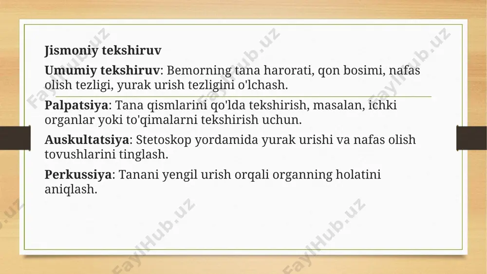 ash — bemorning kasallik holatini to'liq tushunish uchun amalga oshiriladigan jarayon bo'lib, unda quyidagi mezonlar asosiy rol o'ynaydi: klinik belgilar: bemorning shikoyatlari va jismoniy tekshiruv natijalari asosida tashxis qo'yiladi. differensial diagnostika: o'xshash simptomlarni ajratish va to'g'ri tashxis qo'yish uchun zarur. laboratoriya tahlillari: qon, siydik, bakteriyologik va virusologik testlar orqali kasallik aniqlanadi. instrumental tekshiruvlar: rentgen, ultratovush, kt va mrt orqali ichki organlar holati tekshiriladi. gistologik va morfologik tahlillar: biopsiya va mikroskopik tahlillar yordamida kasallik turi aniqlanadi. genetik testlar: genetik kasalliklarni aniqlashda qo'llaniladi. tashxisni aniqlashda barcha ma'lumotlar uyg'unlashtiriladi, bu esa davolashni samarali rejalashtirish va bemorning tiklanishini yaxshilashga imkon yaratadi. image7.png image8.jpeg image9.png image3.png image4.png /docprops/thumbnail.jpeg