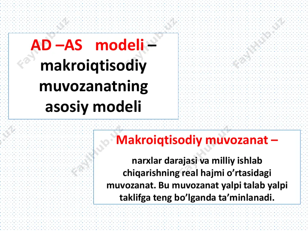 hlar, tabiiy ofatlar va boshqa) 3. davlat xarajatlaridagi o’zgarishlar (g) p ad y p ad y oshadi agar: kamayadi agar: yalpi talabning narxlarga bog’liq bo’lmagan omillari (yalpi talab egri chiziqning siljishlari): 4. sof ekspot xarajatlaridagi o’zgarishlar (xn) p ad y p ad y oshadi agar: kamayadi agar: xorijiy mamlakatlardagi milliy daromad valuta kursi xorijiy mamlakatlardagi milliy daromad valuta kursi yalpi talabning narxlarga bog’liq bo’lmagan omillari (yalpi talab egri chiziqning siljishlari): yalpi taklif bozor iqtisodiyotda har qanday mumkin bo’lgan narxlar darajasida ishlab chiqaruvchilar ishlab chiqarishga tayyor bo’lgan milliy ishlab chikarishning real hajmidir as egri chizig’ining kesmalari p as y vertikal (klassik) kesma narxlar darajasi o’zgarsada ishlab chiqarish darajasi (to’la bandlik sharoitida potensial ishlab chiqarish hajmi) o’zgarmaydi (uzoq muddatli davr) oraliq kesma ham narxlar darajasi ham ishlab chiqarish hajmi o’zgaradi gorizontal (keynsian) kesma narxlar darajasi o’zgarmasada ishlab chiqarish real hajmi o’zgaradi (qisqa muddatli davr) yalpi taklifning narxlarga bog’liq bo’lmagan omillari (yalpi taklif …
