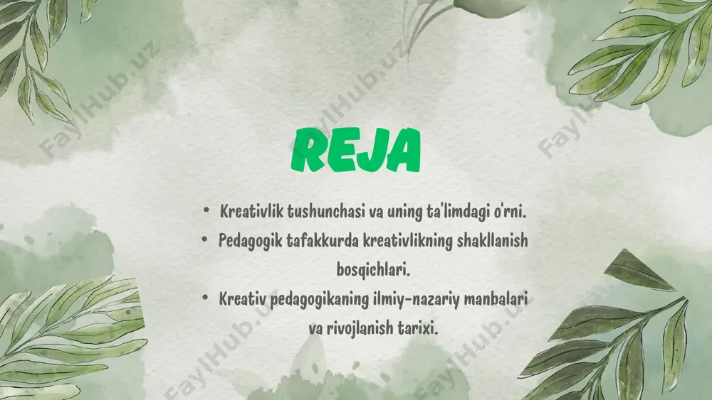 ativlik tushunchasi va uning ta’limdagi o‘rni “kreativlik” (lotincha creatio — yaratish) atamasi insonning yangilik yaratish, mavjud muammolarga noodatiy yechim topish qobiliyatini bildiradi. kreativlik — bu shunchaki tasavvur emas, balki tafakkurning yuqori darajasi, ijodiy faoliyatning asosi hisoblanadi. ta’lim jarayonida kreativlikning o‘rni beqiyos, chunki o‘qituvchi va o‘quvchi o‘rtasida ijodiy muloqot tashkil etilsa, o‘quv jarayoni samaradorligi ortadi kreativ pedagogikaning shakllanish tarixi kreativ pedagogika g‘oyasi 20-asrning o‘rtalarida g‘arbda (aqsh, germaniya, fransiya) pedagogika, psixologiya va menejment sohalarida shakllandi. a. maslou, k. rojers, g. ollport, j. gilford, e. torrens kabi olimlar inson tafakkuridagi kreativ jarayonlarni o‘rganib, ularni ta’lim amaliyotiga tatbiq etish zarurligini ta’kidlaganlar. o‘zbekiston ta’lim tizimida esa kreativ pedagogika mustaqillikdan so‘ng jadal rivojlanmoqda. innovatsion texnologiyalar, raqamli ta’lim, shaxsga yo‘naltirilgan yondashuv kabi g‘oyalar asosida kreativ yondashuvga katta e’tibor qaratilmoqda. kreativ pedagogikaning asosiy tamoyillari shaxsga yo‘naltirilganlik – har bir o‘quvchining qiziqishi, qobiliyati va imkoniyatini inobatga olish. faollik va mustaqillik – o‘quvchini bilimni tayyor holda qabul qiluvchi emas, balki …