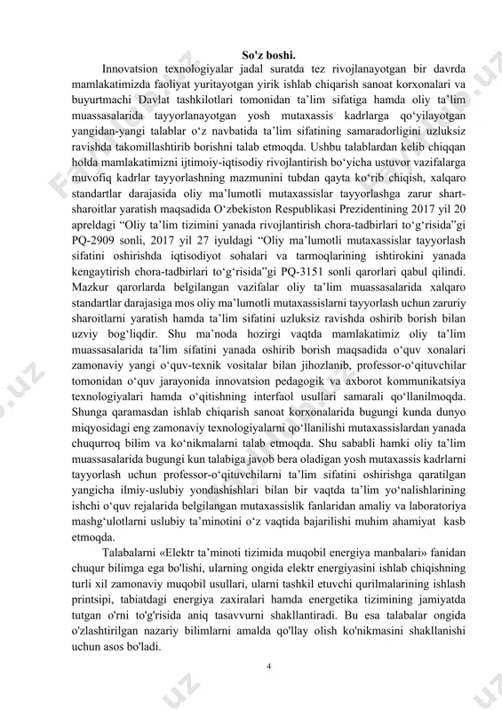 qoidalarni keltirib o’tamiz: 1) laboratoriya ishini bajarishdan oldin ish bilan chuqur tanishish kerak. 2) berilgan sxemani va zanjirni yig’ishdan oldin uzib ulagich uzilgan holdaligini tekshirish kerak. 3) sxemani yig’ishda har xil uziq yuliq simlardan, nosoz asboblardan foydalanmaslik kerak. 4) sxemani diqqat bilan yig’gandan so’ng, sxemada qatnashayotgan asboblarda tok bo’lmasligini, yerga ulanganlik darajasi yaxshiligini yana bir bor ko’zdan kechirish kerak. 5) sxemani manbaga ulashdan oldin undagi ochiq qismlari to’la himoyalanishga erishish. 6) laboratoriya ishlari suv bilan ta‘minlanish kerak bo’lganda suvni erkin oqish yo’llarini tekshirib ko’rish, shlanglarni butunligiga ishonch hosil qilish kerak. 7) elektr dvigatellari bilan ishlashda soch va kiyimlarni aylanuvchi valdan ehtiyot qilish lozim. 8) mustaqil tarzda hech qanday sxemaga tegmaslik, hamda uzib ulashni bajarmaslik kerak. 9) laboratoriya ishini boshlashdan oldin rahbarga bajarish tartibini aytib berish va ruxsat olish shart. 10) agar ish bajarish davrida simlarni uzilishi, asbobni to’g’ri ishlamayotganini, hamda noxush hidlar paydo bo’lsa, birinchi navbatda sxemani uzish va tezda …