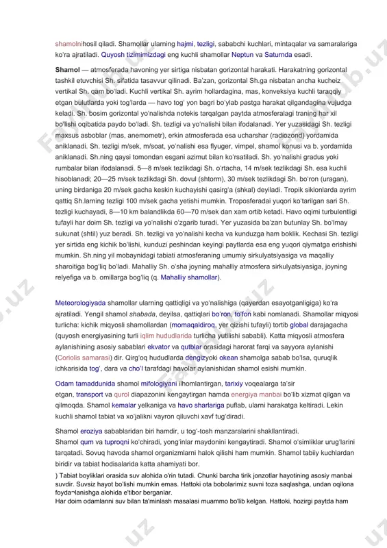 havo oqimining bostirib kelishi natijasida harorat keskin pasayib, yerning ustki qatlami muzlaydi, bu esa unib chiqqan ekin nihollari va gullayotgan mevali daraxtlar uchun juda xavflidir. yogʻinlarning eng koʻp qismi bahor (mart-apr.)da yogʻadi. yilning issiq davrida oʻrta osiyo hududi havo qattiq isib va qurib ketadigan, kontinental tropik havo shakllanuvchi markaz hisoblanadi. chek-ka jan. r-nlarda kunduzgi maksimal t-ra 45—50° gacha yetadi, havoning nisbiy namligi 5% boʻldi. o.-h.ning ochiq, quruq va issiq kelishi qumli tuproqlarning qurib ketishiga va shamolda koʻp miqdordagi qizigan changlar havoga koʻtirilib, haroratning yanada or-tishiga sabab boʻladi. kopetdogʻ togʻ oldi r-nlarida va gʻarbiy tyanshanda tez-tez janub tomondan ekinlarni nobud qiluvchi quruq issiq shamol garmsel esadi; amudaryoning yuqori qismida sovuq havo massasining turon pastte-kisligi chegarasiga bostirib kirishidan oldin, janubi-gʻarbiy tomondan mahalliy afgʻon shamoli esadi. havoning nisbiy namligi past boʻlganda yuqori haroratning bevosita taʼsiri natijasida ekinlar soʻliydi va qovjiraydi. sugʻoriladigan maydonlarda t-ra yuqori boʻlgan (38—40° dan oshmagan) davrda ekinlarning rivojlanishi uchun qulay …