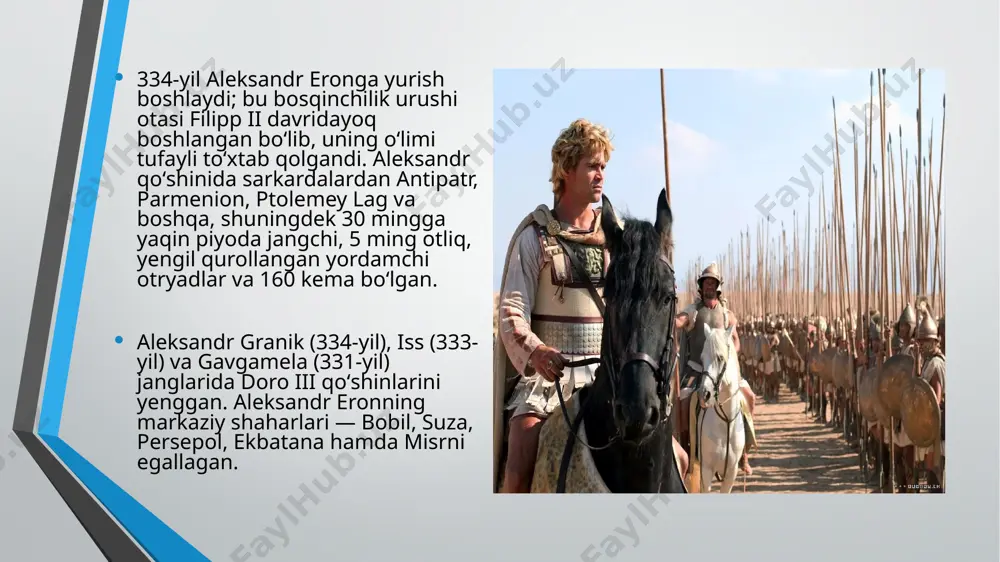 conardga, buyuk frigiya-antigonga, suriya-laomedontga, midiya-pifonga berildi. barcha yangi saylangan hokimlar o'z qo'slunlari bilan o'z mulklariga jo'nab ketdilar. iskandarning aynan ana shu sobiq safdoshlari (diadoxlar) iskandar merosi uchun qonli kurashni boshladilar. iskandar o'limidan keyingi ikki yil davomida yunoniston makedon zulmidan ozod bo'lishga urindi. antipatr yunon qo'shinlarini tor-mor qilib, bu yerga makedon garnizonlarini joylashtirdi. er. avv. 321-yilda misrda o'rnashib olgan va perdikkani regentligini tan olmagan ptolemeyga qarshi yurishda perdikka halok boʻldi. endilikda davlat regenti qilib yunoniston va makedoniyaning hokimi keksa antipatr saylandi. uning buyrug'i bilan podsho oilasi makedoniyaga ko'chirildi. antipatr topshirig'i bilan er. avv. 321-yilda satrapliklar qisman qayta taqsimlandi. natijada kelajakdagi eng yirik osiyo davlatining asoschisi salauk bobilni o'z qo'liga oldi. shundan ikki yil keyin er. avv. 319-yilda antipatr vafot qildi. u regentlikka voris qilib, keksa va tajribali harbiy boshliq poliperxontni tayinlashga ulgurgan edi. ammo bu iskandarning sobiq yaqinlari yosh g'ayratli lashkarboshilarni qondirmadi. jumladan, antipatrning bu qaroridan o'g'li kassandr norozi bo'lib, poliperxontdan …