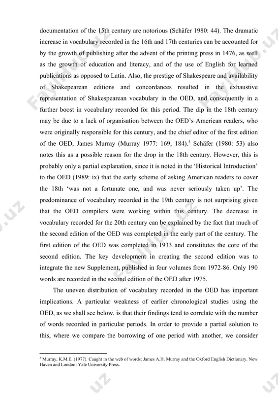 arliest records of english do not go back much before the year 700. the few words given in the oed before this date appear in latin texts. in general, the numbers of words recorded in the old english period are patchy and relatively sparse. this is for the obvious reason that the quantity of texts surviving from early periods is tiny compared with those surviving from later periods. as a consequence, we make no detailed reference or draw any conclusions from data obtained in this period, or, more precisely, prior to 1150. this is a key date for two reasons. firstly, the number of words recorded after this date rises sharply. for example, 529 words are given for the 150 year period 1000-1150, whereas 1350 words are recorded in the 50 year period 1151-1200. secondly, the oed’s policy for the inclusion of vocabulary changed at this point. the oed excludes …