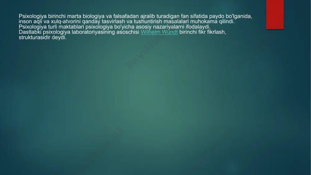 i qo'shdi psixanaliz bilan birga melani klayn, u psixoanalitik bolalar psixologiyasining asoschisi deb hisoblanishi mumkin.[2] otasi bilan taqqoslaganda, uning ishi bu muhimligini ta'kidladi ego va uning normal "rivojlanish yo'nalishlari", shuningdek, tahliliy va kuzatuv doiralari bo'yicha birgalikda ishlashga alohida e'tiborni o'z ichiga oladi. keyin freyd oilasi ning paydo bo'lishi bilan 1938 yilda venani tark etishga majbur bo'ldilar natsistlar rejimi avstriyada u o'zining psixoanalitik amaliyotini va londonda bolalar psixologiyasida kashshoflik ishini davom ettirib, 1952 yilda hampstead child therapy course and clinic-ni tashkil etdi (hozirda anna freyd bolalar va oilalar milliy markazi ) terapiya, o'quv va tadqiqot ishlari markazi sifatida ishladi. carl gustav jung (talaffuzi: karl gustav yung; 1875-yil 26-iyul — 1961-yil 6-iyun) analitik psixologiyaga asos solgan shveytsar psixologi va psixiatridir. jungning asarlari psixiatriya, psixologiya,[1] antoropologiya, arxeologiya, adabiyot, falsafa va dinshunoslik sohalarida muhim rol oʻynagan. jung tomonidan ishlab chiqilgan analitik psixologiyadagi markaziy konsepsiyalardan biri — bu individuallashuv boʻlib, bu jung tomonidan individ „meni“ning …