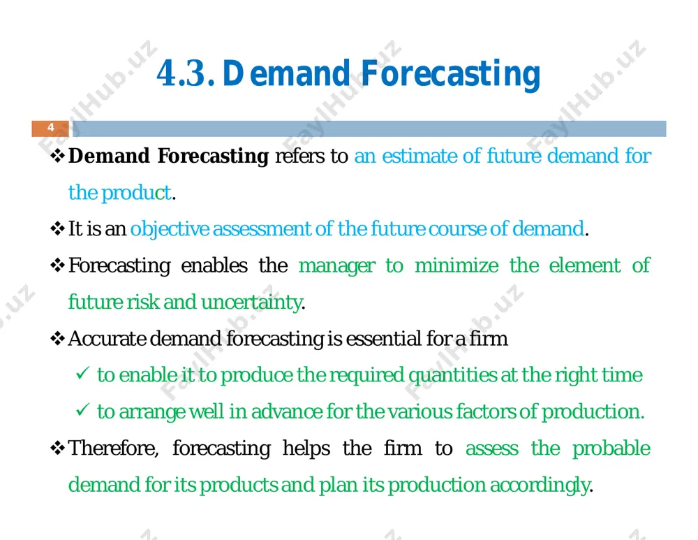 = 44 + 30 = 74 y 1994 = 44 + 6 x (6) = 44 + 36 = 80 thus, forecast sales for 1994 would be 80 thousand based on trend projection equation. cont….. 15 these methods utilize historical data for calculating average of the past demand. this average is then used as a forecast. different ways of calculating an average for short range forecast include the following given below; i) simple average method: in this method an average of past data in which the demands of all previous periods are equally weighted, is calculated. b) averaging methods 16 simple average = 푆푢푚 표푓 푑푒푚푎푛푑푠 푓표푟 푎푙푙 푝푎푠푡 푝푒푟푖표푑푠 푁푢푚푏푒푟 표푓 푑푒푚푎푛푑 푝푒푟푖표푑푠 example: demand of an item in a firm has been 180, 160, 170 and 190 items in each of the last four quarters. forecast the demand of this item for the current quarter based on simple …