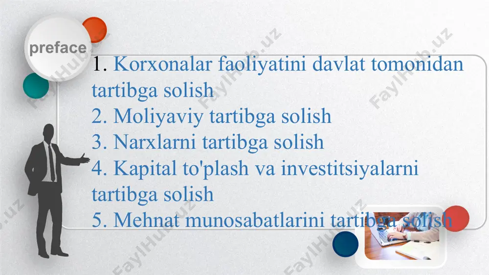 a tortish tizimi deb ataladi. 6 yuridik va jismoniy shaxslardan olinadigan soliqlar, yig’imlar, bojlar va majburiy to’lovlar hamda ularning tuzilish tamoyillari, usullari, soliq nazoratining yig’indisi soliq tizimini tashkil etadi. bu ta‘rif soliq tizimini keng ma‘noda tushunish demakdir. 7 o’zbekiston respublikasi soliqlar tizimi umumdavlat soliqlari, mahalliy soliqlar va boshqa majburiy to’lovlar tizimidan iborat. soliq kodeksining 23-moddasida e‘tirof etilganidek, o’zbeksiton respublikasi hududida amal qiladigan soliqlarni va majburiy to’lovlarni quyidagi guruhlarga ajratib o’rganish mumkin. soliqlar soliq solish ob‘ektiga qarab to’rt guruhga bo’linadi: 1. oborotdan olinadigan soliqlar. 2. daromaddan olinadigan soliqlar. 3. mol-mulk qiymatidan olinadigan soliqlar. 4. yer maydoniga qarab olinadigan soliqlar. 8 moliyaviy tartibga solish so'z ma'nosida fiskal va pul-kredit siyosatini o'z ichiga oladi. uni qo'llash ob'ekti - bu byudjet, davlat qarzi, soliq va bank tizimlari, bozor, kredit munosabatlari. moliyaviy tartibga solish - bu davlat byudjetini, uning defitsiti yoki profitsitini, shuningdek davlat qarzini tartibga solish. xususan, turli xil hiyla-nayranglar, masalan, davlat byudjeti taqchilligi …
