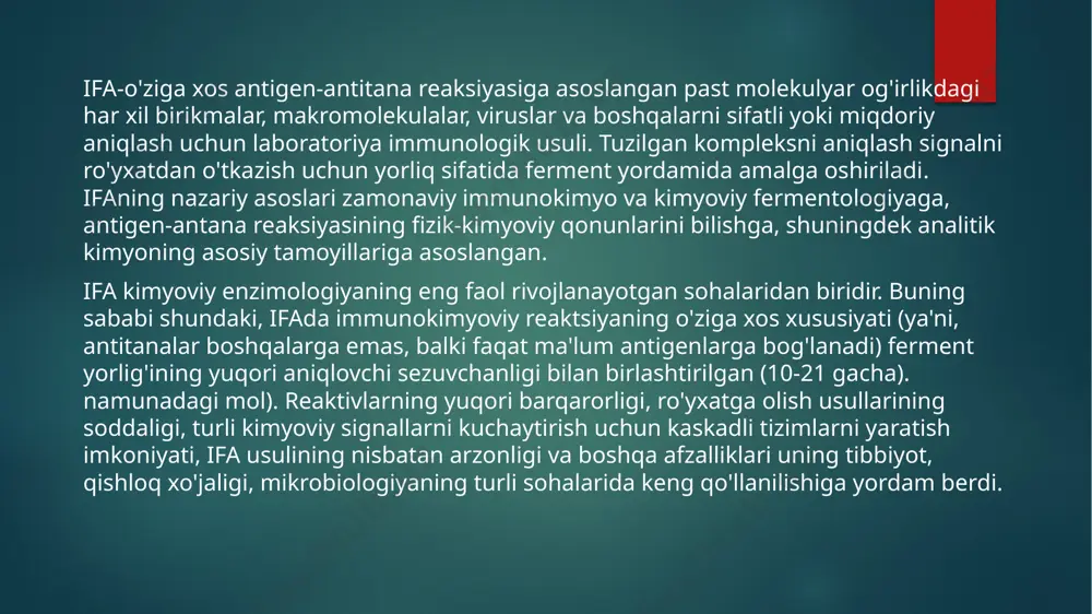 da entropiyaning ko'payishi bilan uning erkin energiyasini kamaytiradi). haroratning oshishi bilan bunday o'zaro ta'sirlarning samaradorligi oshadi. bugungi kunga kelib,ifaning asosiy va kichik farqlariga ega bo'lgan ko'p sonli turli xil variantlari ishlab chiqilgan. adabiyotda ifa usullarining xilma -xilligi to'g'risida yagona aniq tasnif yo'q, bu umumiy naqshlarni aniqlash va turli usullarning imkoniyatlarini qiyosiy baholashni qiyinlashtiradi. odatda, ifa usullarini ko'rib chiqish geterogen va bir hil bo'lishga, ya'ni qattiq bosqich ishtirokida yoki faqat eritmada tahlilning barcha bosqichlarini o'tkazish tamoyiliga ko'ra amalga oshiriladi. ifa dagi asosiy jarayon - tahlil qilingan birikmani o'ziga xos antitana bilan "tanib olish" bosqichi. immunokimyoviy komplekslarni hosil qilish jarayoni qat'iy miqdoriy nisbatda sodir bo'lganligi sababli, yaqinlik, komponentlarning konsentratsiyasi va reaktsiya sharoitlari tufayli, tahlil qilingan birikmaning dastlabki kontsentratsiyasini aniqlash uchun hosil bo'lgan immunitet komplekslarining miqdoriy bahosi etarli. antigen tahlilida bu baholashga ikkita yondashuv mavjud: 1. hosil bo'lgan komplekslar kontsentratsiyasini to'g'ridan -to'g'ri o'lchash; 2. qolgan erkin (reaksiyaga kirishmagan) antikorlarning konsentratsiyasini aniqlash. shubhasiz, ikkinchi …
