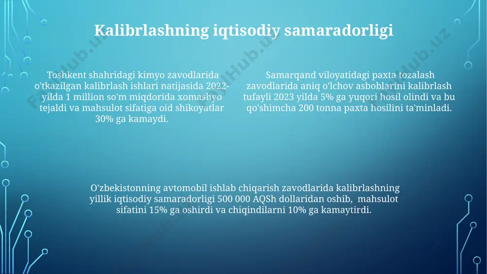yati to'g'ri kalibrlash natijasida, masalan, samarqanddagi kimyoviy zavodlarda 5% ga yaqin bo'lgan o'lchov xatoliklari 1% dan pastga tushirilib, iqtisodiy samaradorlikni oshiradi. o'lchash asboblarining kalibrlanishi toshkentdagi zavodlarda ishlab chiqarilgan 1000 dan ortiq mahsulotning sifatini ta'minlash uchun muhim ahamiyatga ega bo'lib, xatolik chegaralarini 0,5% gacha kamaytiradi. andijon viloyatidagi paxta terish zavodlarida 2022-yilda o'tkazilgan kalibrlash ishlari natijasida hosilning aniq hisobini olish va 15% gacha bo'lgan yo'qotishlarning oldini olishga erishildi. o'lchash noaniqligi va uni kamaytirish harorat sensori kabi asboblarning kalibrlanishi 0,1°c aniqlik bilan amalga oshirilishi, aqshning nist standartiga muvofiq, oʻlchash noaniqligi darajasini 2 barobar kamaytirishi mumkin. kimyoviy tahlilda 0,01 mol/l konsentratsiyani aniqlashda, oʻlchash xatosini 0,005 mol/l gacha kamaytirish uchun, germaniyadan keltirilgan yuqori aniqlikdagi asboblardan foydalanish zarur. oʻlchash noaniqligi, masalan, 5 mm dan oshmasligi kerak boʻlgan uzunlikni oʻlchashda, 10 mm xatolikka olib kelishi mumkin, bu esa toshkentdagi standartlashtirish markazining tavsiyalariga zid keladi. o'lchash asboblarining turlari va ularni kalibrlash xususiyatlari bosim o‘lchash asboblari, xususan, manometrlar, 10 …