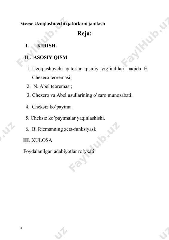 chi qatorlar qismiy yig’indilari haqida e. chezero teoremasi biror ma'noda yig'indini mos qo'yish mumkin bo'lgan qatorlar to'plamini kengaytirish maqsadida bir qator matematiklar tomonidan sonli qator yig'indisi tushunchasi umumlashtirib borilgani yuqorida qayd etilgan edi. ayniqsa ko'p uchraydigan umumlashtirishlarni e. chezaro va n. abel nomlari bilan bog'lashadi. quyidagi (1) sonli qatorni qaraylik. uning qismiy yig'indilari ketma-ketligi 1, 0, 1, 0, ..., ko'rinishga ega bo'lib, ravshanki, u uzoqlashadi. e. chezaro bu qismiy yig'indilarning o'rta arifmetiklarini, ya'ni (2) ketma-ketlikni qarashni taklif qildi. ravshanki += [n/2] = n/2 – θn, bu yerda θn sonlar n nomerning toq yoki juftligiga qarab, nolga yoki 1/2 ga teng. shu sababli demak, ya'ni (1) qator qismiy yig'indilarining o'rta arifmetiklari 1/2 soniga yaqinlashar ekan. endi ixtiyoriy sonli qatorni qaraylik: (3) odatdagidek sn simvoli orqali uning qismiy yig'indilarini belgilaymiz: = (4) ta'rif. agar = ketma-ketlik uchun tenglik bajarilsa, (3) qator s soniga o’rta arifmetik jamlanadi deyishadi. bu limit (3) qatorning chezaro …