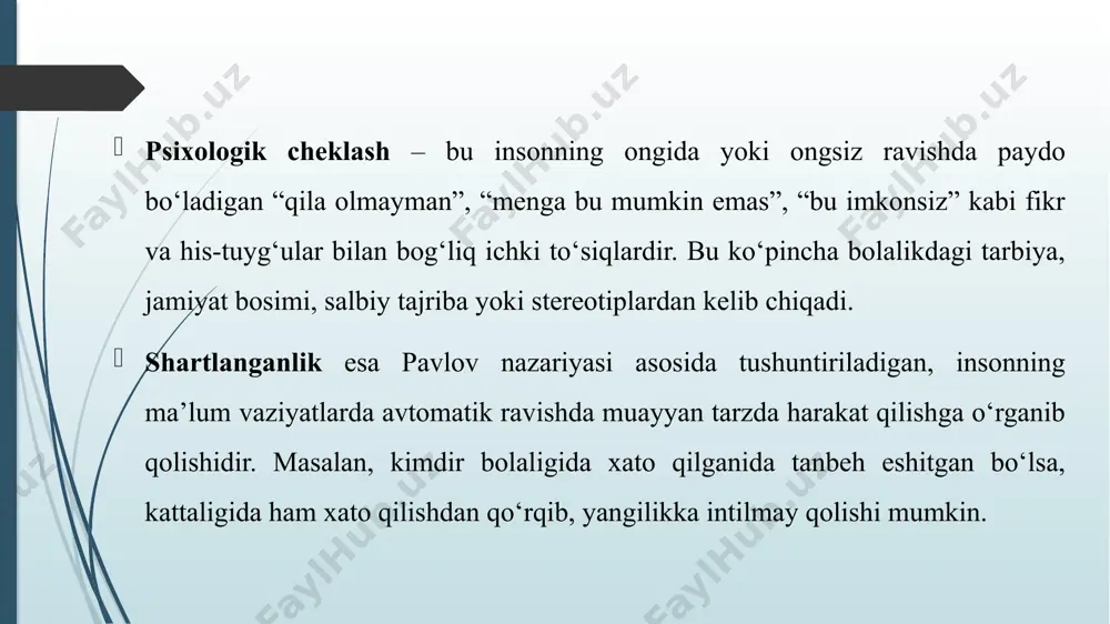 apirishni mashq qiling. pozitiv affirmatsiyalar: har kuni o‘z-o‘zingizga “men qodirman”, “menda yetarli kuch bor” kabi so‘zlarni takrorlash. rag‘batlantirish: har bir muvaffaqiyatdan keyin o‘zingizni mukofotlash. muhitni o‘zgartirish salbiy odamlar bilan muloqotni kamaytirish. ijobiy fikrlaydigan, qo‘llab-quvvatlaydigan insonlar davrasida bo‘lish. o‘zingizdan oldin shu yo‘ldan o‘tganlardan o‘rnak olish. professional yordam psixolog yoki kouch bilan ishlash orqali chuqur ildiz otgan cheklashlardan xalos bo‘lish mumkin. guruhiy treninglar, kommunikatsion mashg‘ulotlar foydali bo‘ladi. mashhur psixologlar qarashlari zig ziglar: “insonning yagona cheklovi – bu uning o‘z ongida qo‘ygan chegaralaridir.” albert bandura (o‘z-o‘ziga ishonch nazariyasi): agar inson o‘zini ma’lum vazifani bajara olishiga ishonsa, uni bajarish ehtimoli oshadi. maslow: shaxs o‘zini o‘zi amalga oshirish (self-actualization) bosqichiga chiqishi uchun cheklashlardan xalos bo‘lishi zarur. psixologik cheklash — bu inson ongida yoki ongsiz ravishda shakllanadigan ichki to‘siqlardir. u insonning imkoniyatlarini, ijodkorligini, o‘ziga bo‘lgan ishonchini pasaytiradi. cheklovlar ko‘pincha: bolalikdagi tarbiya, ota-onaning haddan tashqari talabchanligi yoki beparvoligi; maktab davridagi baholash tizimi va taqqoslash; jamiyat va madaniyat …