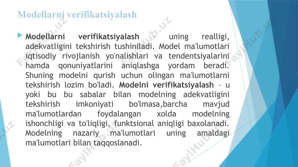 aralari. salbiy avtokorrelyatsiya mavjud (minus ishoraga ega) bo’lsa, u holda mezon qiymatlari 2–4 orasida yotadi, demak, tekshirish ushun qiymatlarini aniqlash kerak. образец текста второй уровень третий уровень четвертый уровень пятый уровень vaqtli qatorlarning keyingi va oldingi hadlari o’rtasidagi korrelyatsion bog’lanish hisoblanadi. avtokorrelyatsiyaning mavjuligi qatorlar dinamikasi darajalarining o’zaro boliqligidan, keyingi hadlarning oldingi hadlarga kuchi darajada bog’liqligidan dalolat beradi. chunki korrelyatsion tahlil usulini o’zaro bog’langan har bir qator darajasi statistik mustaqillikka ega bo’lgan, o’rganilayotgan qatorlar dinamikasida avtokorrelyatsiya mavjudligini aniqlash lozim bo’lgan hollardagina tadbiq etish mumkin. avtokorrelyatsiya mavjudligini tekshirish jarayoni quyidagicha amalga oshiriladi. (hisob) qiymati hisoblanadi: bunda – qoldiq miqdor. agar hisoblab topilgan (hisob) miqdor berilgan bir protsentli xatolar ehtimolligi va erkinlik daraja sonlari n - n-1 bo’lganda tegishli (jad qiymatidan katta bo’lsa) (), avtokorrelyatsiya bo’lmaydi. so’ngra ishonchlilik intervallari aniqlanadi. u koeffittsientlar variatsiyasi yordamida quyidagi formula asosida aniqlanadi. образец текста второй уровень третий уровень четвертый уровень пятый уровень 3. гомоскедатлик ва гетероскедатликни аниқлаш …