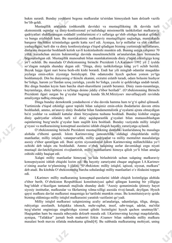 a tayanishga majburmiz. qolaversa, hech bir xalq o‘zga xalqlar madaniyati, urf-odatlari, falsafiy tizimlari, mafkura va dunѐqarashi asosida yashamaydi, ulardan ko‘r-ko‘rona ko‘chirma qilib baraka topmaydi. albatta, har qaysi xalq yoki millatning ma'naviyatini uning tarixi, o‘ziga xos urf-odat va an'analari, hayotiy qadriyatlaridan ayri holda tasavvur etib bo‘lmaydi. bu borada, tabiiyki, ma'naviy meros, madaniy boyliklar, ko‘hna tarixiy ѐdgorliklar eng muhim omillardan biri bo‘lib xizmat qiladi. ma'naviyat insondagi yaratuvchilik qudratidir, insonda shu qudratni uyg‘otish va harakatga keltirishga muvaffaq bo‘linsa, barcha ulug‘vor rejalarni amalga oshirish uchun voqe' imkon vujudga keladi. masalaga bugungi jahon taraqqiyotining ilg‘or tamoyillari darajasida yondoshilsa, milliy ta'limning eng muhim vazifasi ham ana shu imkonni shakllantirish, ya'ni yosh avlod ruhida yaratuvchilik qudratini uyg‘otib, uni bashariyat taraqqiyotiga xizmat qiluvchi muayyan o‘zanlar sari yo‘naltira bilish bilan belgilanadi. ma'naviyat poydevori baquvvat bo‘lmasa, unday insonning butun g‘ayrati, jo‘shqin faoliyati, oxir natijada, xalq va vatan uchun, bashariyat kelajagi uchun, qolaversa, uning o‘z shaxsi uchun qanday xulosaga olib keladi, …