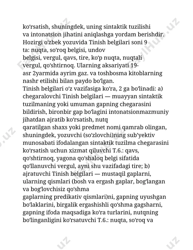 n xizmat qiluvchi t.6.: qavs, qoʻshtirnoq, yagona qoʻshaloq belgi sifatida qoʻllanuvchi vergul, ayni shu vazifadagi tire; b) ajratuvchi tinish belgilari — mustaqil gaplarni, ularning qismlari (bosh va ergash gaplar, bogʻlangan va bogʻlovchisiz qoʻshma gaplarning predikativ qismlari)ni, gapning uyushgan boʻlaklarini, birgalik ergashishli qoʻshma gagsharni, gapning ifoda maqsadiga koʻra turlarini, nutqning boʻlinganligini koʻrsatuvchi t.6.: nuqta, soʻroq va undov belgilari, vergul, nuqtali vergul, ikki nuqta, tire, koʻp nuqta. baʼzi tinish belgilari ham chegaralash, ham ajratish vazifalarini namoyon eta oladi. tinish belgilari tuzilish jiqatdan ham 2 ga boʻlinadi: a) bir elementli tinish belgilari — vergul, tire, nuqta; b) koʻp elementli tinish belgilari bu guruh, oʻz navbatida, 2 elementli (surok, va undov belgilari, ikki nuqta, nuqtali vergul, qavs), 3 elementli (koʻp nuqta) va 4 elementli (qoʻshtirnoq) tinish belgilari ga ajraladi. qoʻllanish oʻrniga koʻra, tinish belgilari 3 guruhga boʻlinadi: gap oxirida qoʻllanadigan tinish belgilari (nuqta, soʻroq va undov belgilari), gap oʻrtasida qoʻlanadigan tinish belgilari (vergul) va …