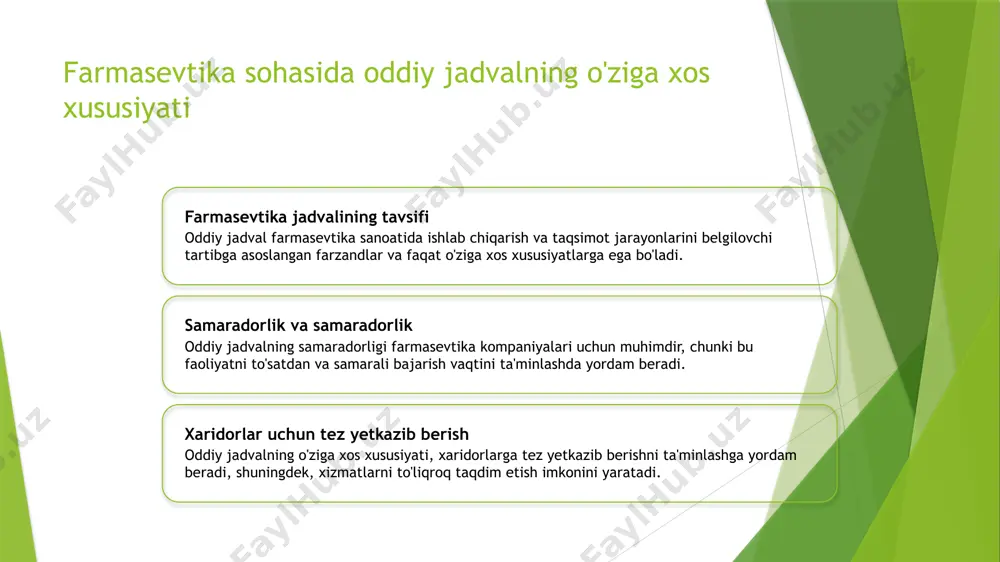 labki qadam. 3 xizmat ko'rsatishning samaradorligi - xizmat ko'rsatishning samaradorligini oshirish uchun, texnikaviy jarayonlar va xodimlar ta'limi va rivojlanishi katta ahamiyatga ega. xulosa 1 asosiy tushunchalar farmasevtika sanoatida oddiy jadval turlarining samaradorligi va afzalliklari ustida o'zgaruvchilar to'g'risida tushunchalar to'plangan. 2 tekshiruv va tadqiqotlar farmasevtika sanoatida unikal jadval turlarining muhimligini o'rganish uchun tekshiruv va tadqiqotlar muhim ahamiyatga ega. 3 innovatsion yondashuvlar farmasevtika sanoatida unikal jadval turlarining foydalanish usullari va innovatsion yondashuvlar bilan yangi yechimlar va texnologiyalar kashf etilishi zarur. e'tiboringiz uchun rahmat! image1.jpg image2.jpg image3.jpg /docprops/thumbnail.jpeg