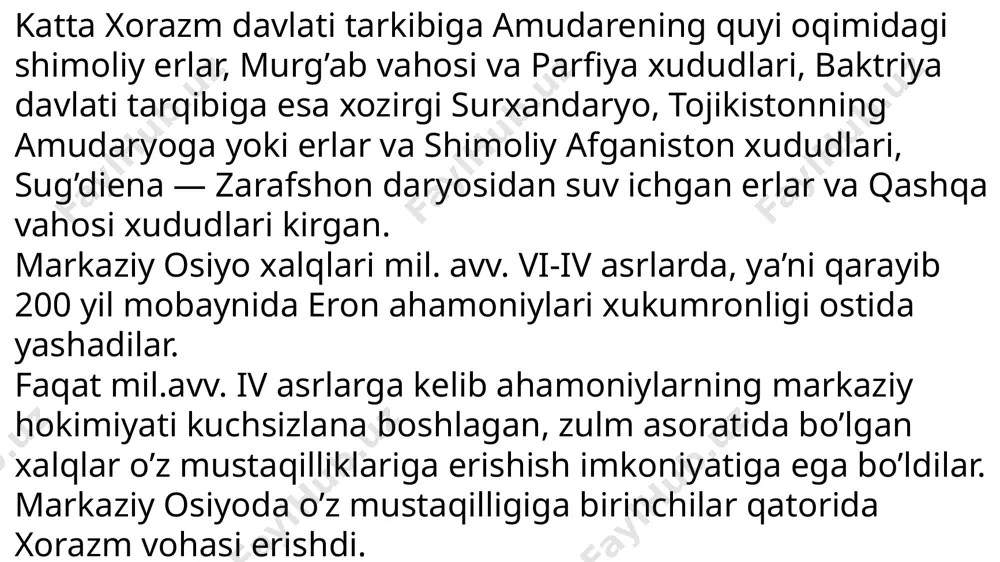davrda deb xisoblaydilar va mil. av. ix-vii asrlar deb belgilaydilar. katta xorazm davlati tarkibiga amudarening quyi oqimidagi shimoliy erlar, murg’ab vahosi va parfiya xududlari, baktriya davlati tarqibiga esa xozirgi surxandaryo, tojikistonning amudaryoga yoki erlar va shimoliy afganiston xududlari, sug’diena — zarafshon daryosidan suv ichgan erlar va qashqa vahosi xududlari kirgan. markaziy osiyo xalqlari mil. avv. vi-iv asrlarda, ya’ni qarayib 200 yil mobaynida eron ahamoniylari xukumronligi ostida yashadilar. faqat mil.avv. iv asrlarga kelib ahamoniylarning markaziy hokimiyati kuchsizlana boshlagan, zulm asoratida bo’lgan xalqlar o’z mustaqilliklariga erishish imkoniyatiga ega bo’ldilar. markaziy osiyoda o’z mustaqilligiga birinchilar qatorida xorazm vohasi erishdi. iskandar zulqarnayn eronning asosiy viloyatlarini bosib olgach, mil.avv. 329 yilning bahorida xindikush tog’idan oshib markaziy osiyo hududlariga kirib keladi. bosqinchilarga qarshi umum xalq urushi e’lon qilgan baktriyaliklar, so’g’ienaliklar va skiflar uch yil davomida dushman bilan mardonavor jang qiladilar. xalqning yunon-markazi bosqinchilariga qarshi kurashiga mahalliy sarkordalardan bo’lgan spitamen boshchilik qiladi. mil.avv. 327 yilning oxirlarida sug’diena …