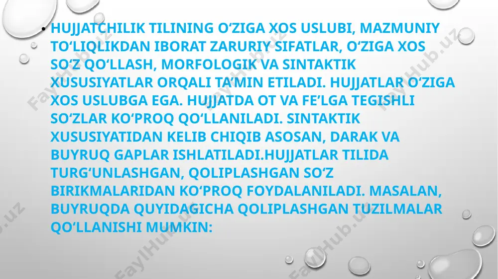 hkilotning ishlab chiqarish, rejalashtirish, hisobot, moliyalashtirish, kredit ajratish, mahsulot sotish faoliyati, tashqi iqtisodiy faoliyati, tashkilot tuzilmasini takomillashtirish va ishlarni tashkil etish hamda boshqa masalalar bo‘yicha amaliy ish yuritiladi. dalolatnoma- muassasa yoki ayrim shaxslar faoliyati bilan bog‘liq biron bir bo‘lib o‘tgan (sodir bo‘lgan) voqea, hodisa, ish harakatni yoki mavjud holatni tasdiqlash, unga guvohlik berish maqsadida bir necha kishi tomonidan tuzilgan hujjatdir. dalolatnoma tuzishdan asosiy maqsad sodir bo‘lgan voqea hodisalar yoki mavjud holatni qonuniy-huquqiy jihatdan isbotlash yoki tasdiqlashdir. dalolatnoma deyarli barcha hollarda pul mablag‘lari va moddiy boyliklarga bog‘liq tuziladi, binobarin, u ko‘proq tadbirkorlik, moliya – xo‘jalik faoliyatida, hisob- kitob, oldi –sotdi va savdo sohalarida keng qo‘llanadi. dalolatnomalar voqea – hodisalarni haqqoniy aks ettirish maqsadida bir necha shaxslar yoki maxsus vakolatli yakka shaxs (taftishchi, nazoratchi) tomonidan tuziladi. hujjatlarni tayyorlash umumiy qoidalariga ko’ra ularning zaruriy qismlari (rekvizitlari) quyidagicha: 1.o’zbekiston respublikasining gerbi. 2.tashkilot yoki korxonaning ramziy belgisi (emblemasi). 3.mukofot tasviri. 4.vazirlik yoki yuqori idoraning nomi. …