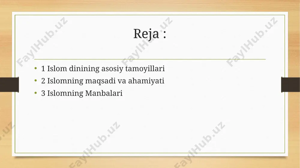 rni quyidagi yaxshi xulqlarga undaydi: • sidq (rostgo‘ylik) – har doim rost gapirish va halol bo‘lish. • adolat – odamlar o‘rtasida tenglik va haqiqatni himoya qilish. • mehr-shafqat – boshqalarga yordam berish, ota-onaga yaxshilik qilish, yetim va bechoralarga g‘amxo‘rlik qilish. • sabr – sinovlarga sabr qilish va shukr qilish. • halollik – ishda, tijoratda va hayotning barcha sohalarida halol bo‘lish. image5.png image6.png image7.jpg image8.jpg image3.png image4.png /docprops/thumbnail.jpeg
