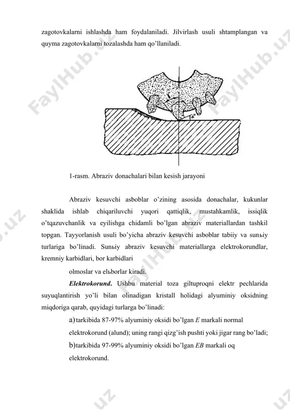 yuqlantirish yo’li bilan olinadi. kremniy karbidining ikki turi ishlab chiqariladi: a) qora tusli kremniy karbid. buning tarkibida 97-98% sic va 0.6-0.7 % fe2o3 bo’ladi va kch bilan belgilanadi. bu karbid alyuminiy, bronza, latun, mis kabi rangli metallar, cho’yan va plastikligi kam bo’lgan boshqa materiallarni jilvirlashda qo’llaniladi; b) yashil kremniy karbid. uning tarkibi 96-99% sic dan iborat bo’lib kz bilan belgilanadi. u materialning mexanik xossalari ancha yuqori bo’lib, qattiq qotishma bilan ta’minlangan turli hil kesuvchi asboblarni charhlash va alohida muhim ishlarni bajarish uchun qo’llaniladi. yashil kremniy karbitida jilvirlash toshlarini olmossiz charxlashda keng foydalaniladi. borkarbid. (bor bilan uglerod birikmasi v4s). bu material texnikaviy borat kislotaga neft koksi qo’shib, elektr pechlarida suyuqlantirish yo’li bilan olinadi. uning tarkibi 95% gacha kristall holidagi bordan tashkil topgan. bor karbidining qattiqligiga yaqinlashib boradi, ammo u mo’rt bo’ladi. suyuqlantirib qotishtirilgan bor karbid tashqi ko’rinishi jihatidan qora tusli massa bo’lib, juda mayda abraziv donachalarga aylantirilgan holda, ya’ni kukun tarzida …