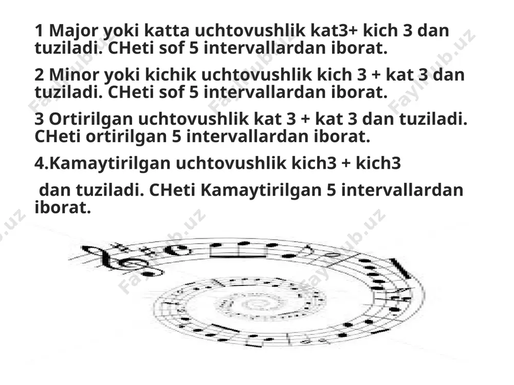 ovushdan boshlab sanalganda prima,( akkordning negizi) tertsiya , kvinta va septima ( akkord cho’kkisi) lardan iborat. dominantseptakkord quyidagi belgi bilan yoziladi-d7. d7 aylanmalari. d7 uchta aylanmaga ega, bulardan 1 - kvintsekstakkord 6/5 2 - tertskvartakkord 4/3, 3 – sekundakkord 2 deyiladi. dominantseptakkord aylanmalarining nomi , akkordning eng pastki tovushi- negizidan cho’kkisiga qarab tuziladigan tovushlar intervallariga asoslanadi. d7 – kat3+kich3+kich3 v pog’onada tuziladi d65 – kich3+kich3+kat2 vii pog’onada tuziladi v4/3 – kich3+kat2+kat3 ii pog’onadan tuziladi v 2 - kat2+kat3 +kich3 = iv pog’onadan tuziladi. d7 - nooxangdosh akkordlarga kiradi. uning tarkibida ikkita nooxangdosh interval bor, bular kichik 7 va kamaytirilgan 5 intervallaridir. d7 aylanmalarida bu nooxangdosh intervallar kat2 va ort 4 ga aylanadi.d7 ning aylanmalari - t ga yechilishida d7 - to’liqsiz kvintasiz — t ga yechiladi. d6/5 - to’liq -t ga prima 2 ta bo’ladi. d3/4- to’liq -t ga oktava oraligida yechiladi. d.2 - to’liq t6 ga juftlangan primaga yechiladi. …