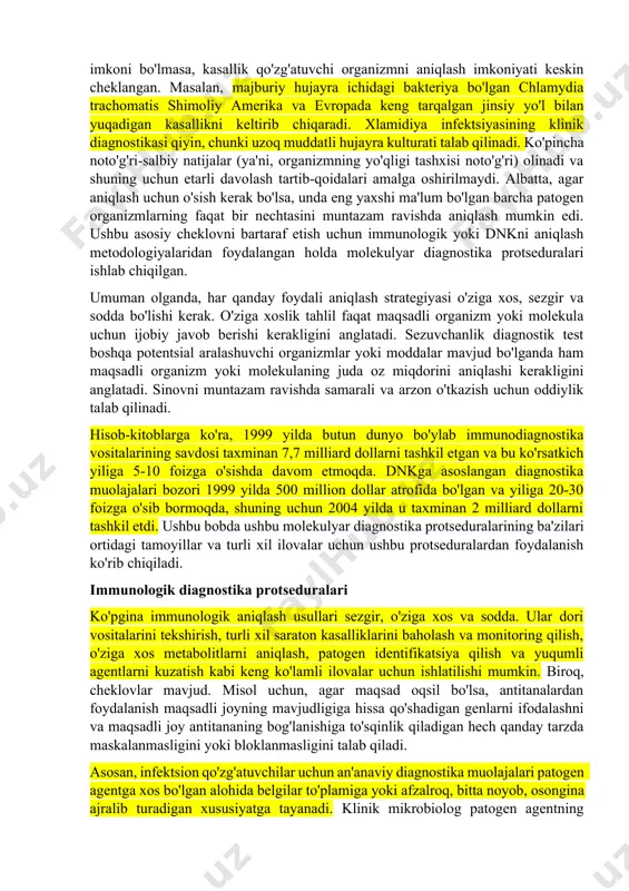 xo'jaligining muvaffaqiyati ko'pincha bu sohalar xodimlarining odamlarda, hayvonlarda, o'simliklarda, suvda va tuproqda o'ziga xos viruslar, bakteriyalar, zamburug'lar, parazitlar, oqsillar va kichik molekulalarning mavjudligini aniqlash qobiliyatiga bog'liq. masalan, yuqumli kasallikning oldini olish, nazorat qilish yoki davolash odatda qo'zg'atuvchi patogen organizmni erta va to'g'ri aniqlash orqali osonlashadi. ushbu aniqlash protseduralarining aksariyati potentsial patogenning kulturatini o'sishini va keyin uni aniqlashni osonlashtiradigan fiziologik xususiyatlar spektrini tahlil qilishni talab qiladi. ushbu turdagi testlar samarali va o'ziga xos bo'lsa-da, ular ko'pincha sekin va qimmatga tushadi. bu cheklovlar ham bakterial, ham parazit organizmlarni aniqlashga taalluqlidir (9.1-jadval). bundan tashqari, agar patogen organizm yaxshi o'smasa yoki etishtirish imkoni bo'lmasa, kasallik qo'zg'atuvchi organizmni aniqlash imkoniyati keskin cheklangan. masalan, majburiy hujayra ichidagi bakteriya bo'lgan chlamydia trachomatis shimoliy amerika va evropada keng tarqalgan jinsiy yo'l bilan yuqadigan kasallikni keltirib chiqaradi. xlamidiya infektsiyasining klinik diagnostikasi qiyin, chunki uzoq muddatli hujayra kulturati talab qilinadi. ko'pincha noto'g'ri-salbiy natijalar (ya'ni, organizmning yo'qligi tashxisi noto'g'ri) olinadi va …