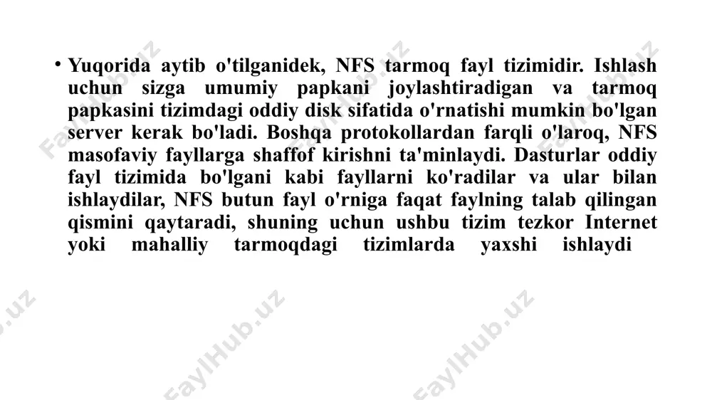 common paketini o'rnatishingiz kerak. server tarkibiy qismlarini o'rnatishingiz shart emas, faqat ushbu to'plam kifoya qiladi: hammasi shu, keyin nfs ubuntu-ni o'rnatish ubuntuda nfs serverini boshqarish. biz nfs-ning istalgan papkaga kirishini ochishimiz mumkin, ammo bu maqsadlar uchun yangisini yarataylik: keyinchalik, biz ubuntu nfs serverini yaratishga qiziqamiz. barcha umumiy papkalar va boshqa nfs sozlamalari / etc / export faylida joylashgan. jildni yozish uchun sintaksis: papka_address-mijoz (variantlar) jildning manzili bu tarmoq orqali mavjud bo'lishi kerak bo'lgan papka. mijoz - ip-manzil yoki ushbu papkaga kira oladigan tarmoq manzili. ammo variantlar bilan biroz murakkabroq. keling, ulardan ba'zilarini ko'rib chiqaylik: rw - ushbu papkaga o'qish va yozishga ruxsat berish ro - faqat o'qishga ruxsat berish sync - faqat ma'lumotlar diskka saqlanganda (sukut bo'yicha) quyidagi so'rovlarga javob berish. async - ma'lumotlar diskka yozilayotganda ulanishlarni bloklamang secure - ulanish uchun faqat 1024 dan past portlardan foydalanish insecure - har qanday portlardan foydalanish nohide - bir nechta kataloglarga kirishni …