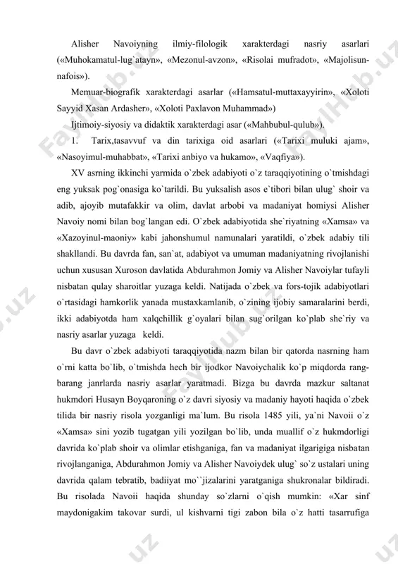 voii o`z «xamsa» sini yozib tugatgan yili yozilgan bo`lib, unda muallif o`z hukmdorligi davrida ko`plab shoir va olimlar etishganiga, fan va madaniyat ilgarigiga nisba​tan rivojlanganiga, abdurahmon jomiy va alisher navoiydek ulug` so`z ustalari uning davrida qalam tebratib, badiiyat mo``jizalarini yaratganiga shukronalar bildiradi. bu risolada navoii haqida shunday so`zlarni o`qish mumkin: «xar sinf maydonigakim takovar surdi, ul kishvarni tigi zabon bila o`z hatti tasarrufiga kivurdi. aning nazmi vasfida til tsosir va ojiz turur». xusayn boyqaro risolasi o`sha davr o`zbek prozasining o`ziga xos namunalaridan xisoblanishi mumkin. alisher navoii nasriy asarlarini yaratar ekan, o`zigacha bo`lgan va o`z davridagi sharq prozasining zng yaxshi xususiyatlarini o`zlashtirib, o`z ona tilida shunday asarlar yaratishga, ulardagi ilg`or traditsiyalarni yangi zaminda yanada rivojlantirishga. alohida ahamiyat bilan qaradi. binobarin, navoii nasriy asarlarining yaratilishida avfiy, nizomiy aro`ziy, sa`diy va jomiy kabi fors-tojik adabiyotidagi nasrning taniqli ijodkorlari-ning ma`lum ta`siri va roli bor. ayni chokda, o`sha davrdagi turkiy tilda badiiy adabiyotning forsiy tilidagiga …