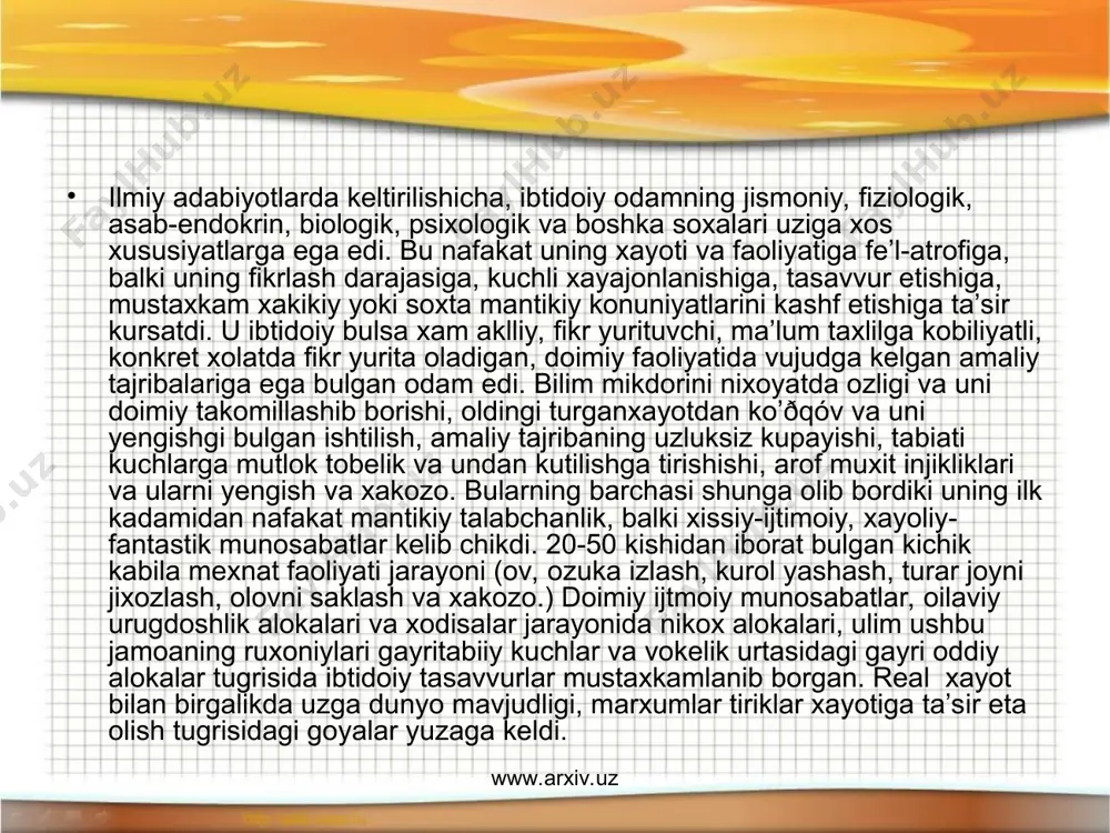 r tilida “ o totem” suzidan olingan bulib, “ uning urugi” degan ma’noni bildiradi. bunda kadimgi zamondagi urug - kabila a’zolarining muayyan bir xayvon, usimlik bilan gayritabiy alokasi, yakinligi, kon- karindoshligi bulgan deb, xayvon va usimliklarni mukaddaslashtirishdan iboratdir. xar bir kabila yoki urug uz sharoitini xamda imkoniyatlarini kuzda tutib, bazi xayvonlarni ovlab va ular xakida yetarli ma’lumotlarga ega edi. bunday xayvonlarni yakindash bilish ularning urug bilan yakinligi, kon-karindoshligi bulsa kerak, degan tasavvurni keltirib chikargan. natijada bazi xayvonlar, keyinchalik esa usimlikning bazi navlari xam muayyan urug a’zolarning ajdodi, ya’ni totemidir, degan tasavvur shakllanishiga olib kelgan. shuning uchun, keyinchalik urug a’zolari toteming “ yordamiga” kuz tikkanlar, uni mukddaslashtirib, uz xomiylari deb xisoblaganlar. totemga sajda kilingan, ximoya, kilingan e’zozlangan. keyichalik totemizmda ta’bu ta’kiklash konuni ishlab chikilgan. bunda uzini totemi xisoblangan xayvon yoki usimlikni istemol kilish man etilgan. fakat ayrim xollarda, ya’ni tantanali kunlarda ularni maxsus rasm-rusumga rioya kilgan xolda istemol kilish mumkin bulgan. …