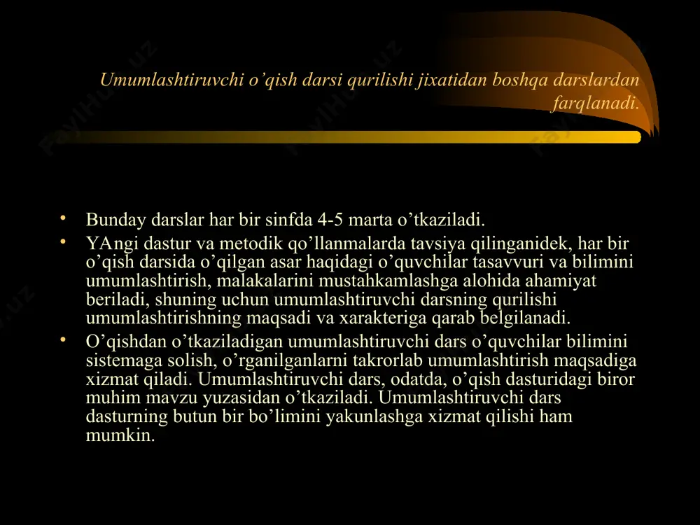 ktab hayoti, oila va tabiatshunoslikka oid mavzuga bag’ishlangan umumlashtiruvchi darslarning vazifasi kitob materialini o’quvchilarning kuzatishlari, ekskursiyalardan olgan bilimlari bilan bog’lashdir. umumlashtiruvchi darslarda ish turlari xilma-xil umumlashtiruvchi darslarda ish turlari xilma-xil bo’lib, o’qilganlar, ko’rilgan-kechirilganlar yuzasidan suhbat, illyustrativ materiallar (rasmlar, misollar)ni ko’rsatish va tahlil qilish, o’quvchilarning ayrim asarlardan parchalar o’qishi, ekskursiya va kuzatishlar haqida bolalarning og’zaki hikoya qilishi kabilardan fodalaniladi. umumlashtiruvchi dars uchun ish turi darsning aniq maqsadidan kelib chiqib ta’minlanadi. umumlashtiruvchi darslarga, asosan, quyidagi pedagogik talablar qo’yiladi. o’quvchilar dasturdagi muayyan mavzu ustida ishlab, o’qiganlari, ko’rgan, eshitgani, kuzatganlari haqida o’z fikr-mulohazalarini dalil va erkin aytish imkoniyatlariga ega bo’lsinlar. masalan, ma’lum bir mavzuni yakunlab o’tkazilgan umumlashtiruvchi darsda bolalar kitobdan shu mavzuga oid o’qigan hikoya va maqolalardan qaysi biri qiziqarliroq ekanini, shuningdek, biror hikoya yoki maqoladagi qatnashuvchi shaxslar, ularning xulq-atvorlari haqida o’z fikrlarini aytadilar, zarur bo’lsa, o’qilgan asar mazmunini qisqa bayon qiladilar. agar mavzuni o’rganish jarayonida o’quvchilar bilan ekskursiya o’tkazilgan bo’lsa, ular ekskursiyadan ko’rganlaridan …