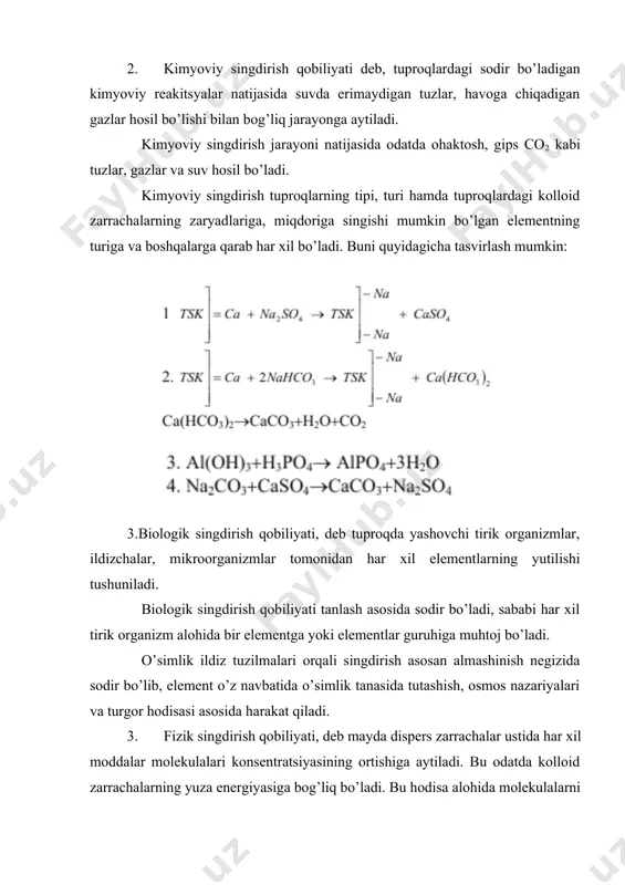 nisbatan toza, ya’ni avvalgi suspenziya holatidan tozaroq bo’ladi. lekin tuproq kolonkasidan shu suspenziya o’tkazilganda esa suv to’plagichda biz toza suvni ko’rishimiz mumkin. sababi tuproq kolloidlari suspenziyadagi moddalarni sorbtsiyalaydi, g’ovaklari kichik va mayda bo’lgani uchun mexanik singdirish ham yaxshi sodir bo’ladi. bu tajribani siyoh bilan o’tkazilsa natija yaxshi bo’ladi. bunda tuproqning fizikaviy singdirish hisobiga siyoh yutilib qolib toza suv o’tadi. fizik singdirish jarayonida odatda butun molekula, ya’ni gazlar va elektrolitlar, suv bug’lari butunicha yutiladi. bunga tuproq kolloid zarrachasi ustidagi plyonkali suvni misol keltirish yaxshi natija beradi. tuproq kolloid zarrachalari orqali dissotsiatsiyalanmagan qattiq molekulyar eritmadagi zarrachalar ham yutiladi. fizik singdirishda yutilgan molekulalar kolloid zarracha tarkibiga kirib joylashib ololmaydi. faqat ularning yuzalariga konsentrlanadi, ya’ni to’planadi. aydinyan (1933) ma’lumotlariga ko’ra bu jarayonda tuproqlarning singdirish sig’imi oshadi. xulosa qilib aytganda, tuproqlarning fizik singdirish xususiyatlaridan iflos suvlarni, ayniqsa zaharli ximikatlar bilan zaharlangan suvlarni tozalashda foydalansa bo’ladi. lekin tuproqlarda bu xususiyat cheksiz emas, aniq sig’imga ega ekanligini …