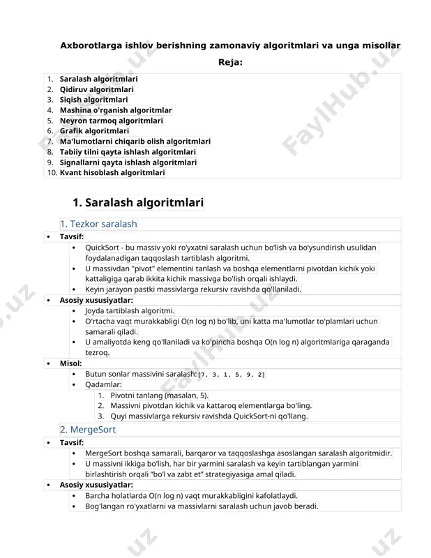 i “bo‘l va zabt et” strategiyasiga amal qiladi. · asosiy xususiyatlar: · barcha holatlarda o(n log n) vaqt murakkabligini kafolatlaydi. · bog'langan ro'yxatlarni va massivlarni saralash uchun javob beradi. · asosiy kamchilik - birlashma bosqichi uchun qo'shimcha joy talabi. · misol: · butun sonlar massivini saralash:[4, 2, 7, 1, 9, 5] · qadamlar: 1. massivni ikkiga bo'ling. 2. har bir yarmiga mergesort-ni takroriy ravishda qo'llang. 3. saralangan yarmlarni yana birlashtiring. ushbu tartiblash algoritmlari elementlarni belgilangan tartibda joylashtirish maqsadiga erishish uchun turli yondashuvlarni namoyish etadi. quicksort o'zining samaradorligi bilan mashhur va amaliyotda keng qo'llaniladi, mergesortning prognoz qilinadigan ishlashi uni turli stsenariylarga moslashtiradi. 2. qidiruv algoritmlari 1. ikkilik qidiruv · tavsif: · ikkilik qidiruv tartiblangan massivda maqsadli qiymatni topish uchun samarali algoritmdir. · qidiruv oralig'ini qayta-qayta ikkiga bo'lish va maqsadli qiymatni o'rta element bilan solishtirish orqali ishlaydi. · asosiy xususiyatlar: · vaqtning murakkabligi o (log n) bo'lib, uni katta ma'lumotlar to'plamlari uchun …