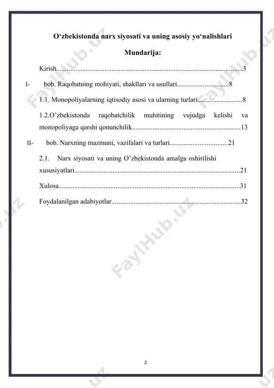 iste‘molchilar o’rtasida taqsimlanishiga bevosita va bilvosita ta‘sir o’tkazadi. raqobatning nazorat qilish vazifasi bozordagi ba‘zi ishtirokchilarning boshqa bir ishtirokchilar ustidan monopolistik hukmronlik o’rnatishiga yo’l qo’ymaslikka yo’naltiriladi. raqobatning to’rtta shakli mavjud: 1. erkin raqobat; 2. monopolistik raqobat; 3. monopoliya; 4. oligopoliyadir. erkin raqobat sharoitida bir xil mahsulot ishlab chiqaruvchi tarmoqda juda ko’p sonli korxonalar mavjud bo’ladi. korxonalar mahsulot narxi ustidan sezilarsiz nazoratni amalga oshiradi, chunki korxonalar soni ko’p bo’lganligi sababli umumiy ishlab chiqarish hajmi unga katta bo’lmaydi. sof monopoliyada tarmoq bitta firmadan iborat bo’lishi sabali, u mavjud mahsulot (xizmat)ning yagona ishlab chiqaruvchisi hisoblanadi va yakka hukmronlik shakllanadi. monopolistik raqobat o’z ichiga ham monopoliya, ham raqobat unsurlarini oladi. tarmoqdagi bir turdagi mahsulotning unlab ishlab chiqaruvchilari bir- birlari bilan qulay narx hamda ishlab chiqarish hajmiga erishish borasida raqobatlashadilar. oligopoliya tarmoqda u qadar ko’p bo’lmagan korxonalarning mavjud bo’lishi va hukmronlik qilishidir. qaysi tovarlar va xizmatlar bozorida nisbatan ham sonli ishlab chiqaruvchilar hukmronlik qilsa, shu tarmoq …