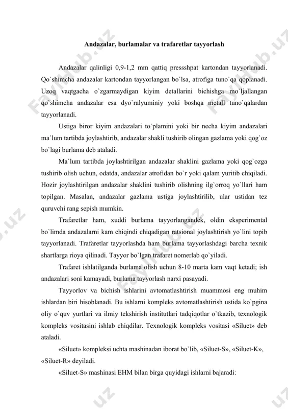 mashinasi ehm bilan birga quyidagi ishlarni bajaradi: a) andaza konturlarini hisoblab ma`lumotini avtomatik yoki yarimavtomatik ravishda bosib chiqaradi; b) andazalarni kerakli o`lcham va bo`yiga ko`paytirib, andaza yuzasini va andaza perimetrlarini hisoblab, ma`lumotini bosib chiqaradi; v) andazalarni tabiiy kattalikda yoki kerakli masshtabda chizib chiqaradi; g) kichiklashtirilgan andazalarni qo`llab, bichishga mo`ljallab mexanikaviy ravishda dastur tuzadi; d) tanlangan masshtabda andaza konturini yoki andazalar joylashmasini ko`rib nazorat qilish uchun uni grafik tarzida chizib beradi. «siluet-s» mashinasi ehmda yoki boshqa qurilmada hisoblab olingan andazalarni yoki andazalar joylashmasining istalgan masshtabda chizib beradi. bundan tashqari «siluet-k» mashinasi dasturlashtirilgan bichish mashinasi «luch»ga bog`liq bo`lgan jarayonlarni bajaradi va qo`lda bichish ishlariga mo`ljallab andazalar joylashmasini chizib tayyorlab beradi. «siluet-k» mashinasi ham «siluet-s» mashinasidek ikkita koordinata (x va u o`qi) sistemasida ishlaydi. mashina ikkita g`altagi: uzatuvchi-passiv 11 (14.1-rasm) va qabul qiluvchi-yuritadigan g`altaklari bor qo`zg`almas stoldan iborat. stol ustida ish asbobi i ni tashuvchi ijrochi mexanizm (portal) 2 harakatlanib turadi. ish asbobi …
