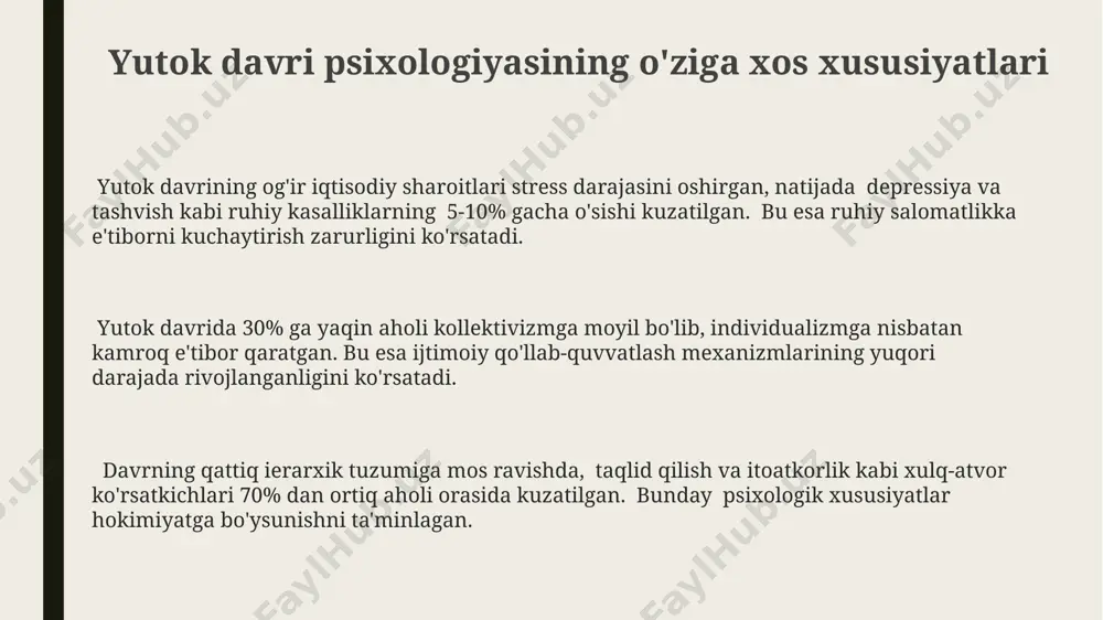 raqobat kuchayishi bo'lib, bu salbiy psixologik ta'sirlarni keltirib chiqaradi. stressni engishning samarali usullaridan biri – kuniga kamida 15 daqiqa meditatsiya qilish yoki tanaffus qilish bo'lib, bu stress gormonlari darajasini pasaytiradi. yutuk davridagi stress bilan kurashish uchun 80% odamlar sport bilan shug'ullanishni, ya'ni jismoniy mashqlarni tavsiya qilishadi, chunki bu endorfin ishlab chiqarishni rag'batlantiradi. oila va tarbiya psixologiyasi yutok davri bolalarining o'rtacha intellektual rivojlanish ko'rsatkichlari (iq) 70-100 oralig'ida bo'lib, bu davr ijtimoiy-iqtisodiy sharoitlarning ta'sirini aks ettiradi. yutok davri oila va tarbiya psixologiyasida 3 yoshgacha bo'lgan bolalarda asosiy ehtiyojlarning (ovqat, xavfsizlik, muhabbat) qondirilish darajasi shaxsning keyingi rivojlanishiga katta ta'sir ko'rsatgani kuzatilgan. oilaviy munosabatlarning 4ta asosiy turi (demokratik, avtoritar, liberal, beparvo) yutok davri oilalarida farqlanib, turli xil psixologik natijalarga olib kelganini tadqiqotlar ko'rsatmoqda. yutok davri insonining qadriyatlari va e'tiqodi yutok davri mafkurasi, tabiatga sig'inish va ota-bobolarga hurmat kabi animistik e'tiqodlarga asoslangan bo'lib, yovvoyi hayvonlar va tabiiy hodisalarni 20 dan ortiq ruhoniylar tomonidan boshqariladigan marosimlar …