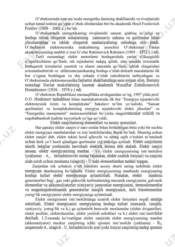 tgan. o'rama (svertka) teoremasi birinchi bor p.l. chebishev tomonidan 1867 yil, dyuamel integrali esa 1883 yil berilgan. ma'lum harakatning turg'unlik nazariyasini akademik a.m. lyapunov bayon etgan. operator usuli elektrotexnika faniga o. xevisayd tomonidan 1892-1912 yillarda tadbq etilgan. sinusoidal tok elektr zanjirlarini simvolik usulda hisoblash usulini amerika olimi ch. shteynmets 1894 yilda taklif etgan. garmonik balans usulida nochizq elektr zanjirlarni hisoblash usulini fransuz olimi m. joli 1911 yil joriy etgan. sekin o'zgaradigan amplitudalar usulini 1927 yil golland olimi b. vander-pol taklif etgan. kichik parametrlar usulini esa 1928 yil fransuz olimi g. puankare taklif etgan. nochizq tebranishlar nazariyasidagi fundamental ishlarni akademiklar l. mandelshtamm, n. papaleksi va a. andronov 1937 yil amalga oshirdilar. nochizq zanjirlarni chastotaviy usulda tahlil etishni rus olimlari n.m. krilov va n.n. bogolyubov birinchi bo'lib taklif etdilar. elektr zanjirlar sintezini birinchi bor nemis olimlari i.o. sobel (1924 y.), amerika olimi r. foster (1924 y.) rus olimlari s. yevlanov (1937 y) …