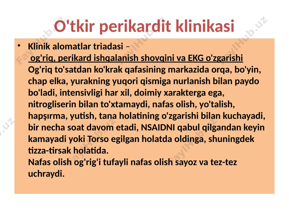 iklar bilan davolanadi. nonspesifik bakterial perikarditda penitsillinning yarim sintetik hosilalari, ba'zida aminoglikozidlar bilan sil etiologiyasining perikarditida streptomitsin yoki rifampitsin boshqa tuberkulyostatik dorilar bilan birgalikda qo'llaniladi. o'tkir perikarditni davolash yiringli perikardit bilan, yiringli ekssudatni iloji boricha olib tashlash va bo'shliqni yuvishdan keyin yurak ko'ylak bo'shlig'iga antibiotiklar. agar perikarditning etiologiyasi aniqlanmagan bo'lsa, organizmning sezgirligi tufayli yuqumsiz shakllarning ko'payishi hisobga olinsa, antibiotik terapiyasidan voz kechish kerak. o'tkir perikarditni davolash steroid bo'lmagan yallig'lanishga qarshi dorilar (diklofenak, nimesulid, meloksikama va boshqalar). perikarditning allergik va autoimmun shakllarida o'ziga xos bo'lmagan yallig'lanishga qarshi terapiya mavjud. quruq perikarditning engil kursi bilan (epistenokardit, uremik) asosiy kasallik va steroid bo'lmagan yallig'lanishga qarshi dorilar davolanadi. glyukokortikoidlar tarqalgan qizil yuguruk, revmatoid artrit, revmatizm uchun buyuriladi. prednizolon past dozalarda (10-15 mg) miokard infarkti bo'lgan bemorlarda yoki yurak operatsiyalaridan keyin autoallergik perikardit uchun ishlatiladi. ekssudativ perikarditni davolash og'ir holatlarda-perikardial punksiya. perikardial punksiya uchun ko'rsatmalar yurak tamponadasining ortib borayotgan belgilari, jarayonning yiringli xususiyatiga shubha, ekssudatning …