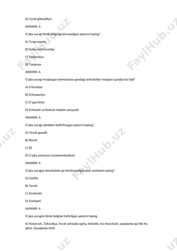 ari farqlanadi? a) o`tkir, surunkali b) o`tkir, nim o`tkir, surunkali c) yengil, og`ir d) birinchi va ikkinchi answer: a o`pka yuragining rivojlaninishida qanday patogenetik bosqichlar mavjud? a) gipoksik o’pka vazokonstriktsiyasi, gipеrkapniyaning ta’siri, o’pka tomiridagi anatomik o’zgarishlar, bronxial o’tkazuvchanlikning buzilishi b) o’pka tomiridagi anatomik o’zgarishlar, bronxial o’tkazuvchanlikning buzilishi c) gipoksik o’pka vazokonstriktsiyasi, gipеrkapniyaning ta’siri, d) qonda o2 kontsеntratsiyasining oshishi answer: a o`pka yuragining rivojlanishida qanday boshqichlar mavjud? a) kompensatsiya,subkompensatsiya, dekompensatsiya b) cho`zilgan. surunkali c) subkompensatsiya, dekompensatsiya d) kompensatsiya,subkompensatsiya answer: a o’pka gipertenziyasi aniqlashda muxim tekshirish usuli: a) markaziy venoz bosimni aniklash b) ekg c) o’pka arteriyasini kateterlash d) o’ng qorinchadagi bosimni aniqlash answer: a o’pka gipertenziyasi qaysi kasallikda kuzatiladi: a) barcha javoblar tugri b) yurak tug`ma nuqsonlari c) mitral klapan stenozi d) o’pkaning surunkali kasallik lari answer: a o’pka gipertenziyasi uchun xos belgini ko’rsating: a) taxikardiya,stianoz,xansirash b) stianoz,bradi kardiya c) xansirash,bradikardiya d) yo’tal, xansirash , bradikar diya answer: a o’pka shishiga …