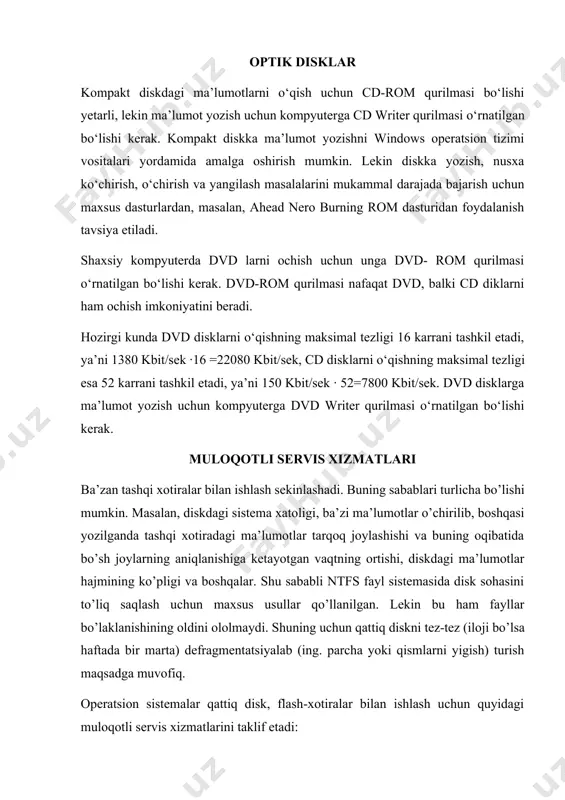 etadi. quyidagi rasmda tushunarli bo’lishi uchun disk sohasida ma’lumotlar joylashish tahlili (analizi) ko’rsatilgan. bunda oq joylar diskdagi bo’sh joylar bo’lib, boshqa ranglar esa fragmentatsiyalangan, fragmentatsiyalanmagan va ko’chirilmaydigan fayllarning qanday taqsimlanganini bildiradi. axborot chiqishi qurilmalari - bular ma'lumotni mashina tilidan odamni idrok etadigan shakllarga aylantiradigan qurilmalardir. axborot chiqarish qurilmalariga quyidagilar kiradi: monitor, video karta, printer, plotter, proektor, dinamiklar. kirish qurilmalari - bu kompyuterga ma'lumot kiritishingiz mumkin bo'lgan qurilmalar. ularning asosiy maqsadi - mashinaga ta'sirini tushunish. kirish qurilmalarining xilma-xilligi sezgirdan ovozgacha bo'lgan butun texnologiyani yaratdi. garchi ular turli xil printsiplar asosida ishlasalar ham, ular bitta vazifani bajarish uchun yaratilgan - odamga kompyuterga ulanish uchun. axborotni odamlarga taqdim etishning ixchamligi va ravshanligi tufayli grafikaviy axborot uzatish moslamalari keng qo'llaniladi. rasm elementlarini qidirish va tanlashni avtomatlashtirish darajasiga ko'ra, grafik ma'lumot kiritish moslamalari ikkita katta sinfga bo'linadi: avtomatik va yarim avtomatik. grafik ma'lumotlarga ega yarim avtomatik kirish moslamalarida odamga tasvir elementlarini qidirish va tanlash vazifasi …