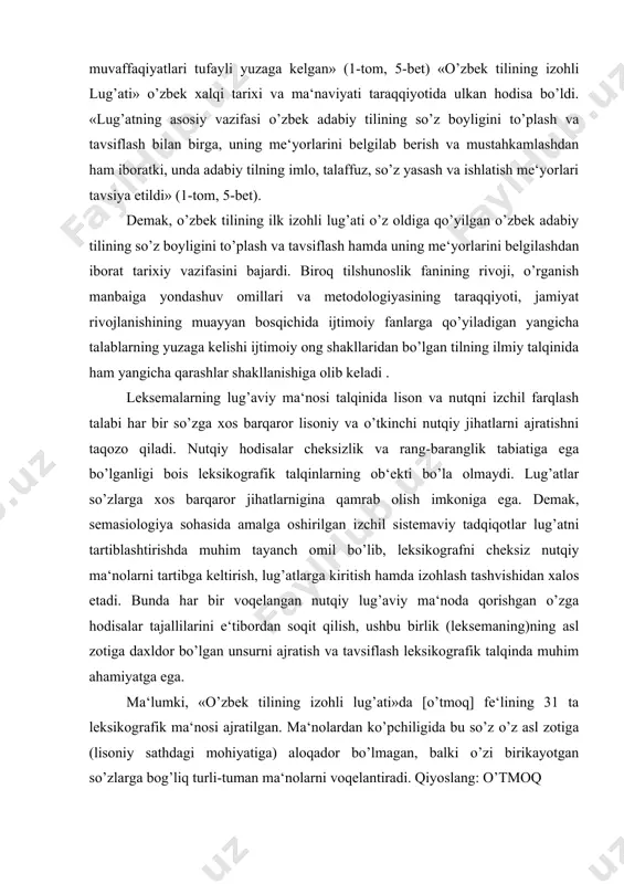 ’lgan unsurni ajratish va tavsiflash leksikografik talqinda muhim ahamiyatga ega. ma‘lumki, «o’zbek tilining izohli lug’ati»da [o’tmoq] fe‘lining 31 ta leksikografik ma‘nosi ajratilgan. ma‘nolardan ko’pchiligida bu so’z o’z asl zotiga (lisoniy sathdagi mohiyatiga) aloqador bo’lmagan, balki o’zi birikayotgan so’zlarga bog’liq turli-tuman ma‘nolarni voqelantiradi. qiyoslang: o’tmoq 1 biror narsaning ichidan, ustidan yoki yonidan yurib, uchib, suzib narigi tomoniga yetmoq, ko’chmoq. ko’prikdan o’tmoq. tunneldan o’tmoq. chegaradan o’tmoq... 4 teshik, eshik kabi biror joyning bir tomonidan kirib narigi tomonidan chiqmoq. 1. ip igna teshigidan o’tmadi. 2.uyda xizmatchi ovqat qo’ygan ekan, san‘atkorning tomog’idan hech narsa o’tmadi- ikki piyola choy ichdi, xolos.(a. qahhor.) 5 biror tomonga yo’nalmoq; yurib, suzib yoki uchib biror tomonga jo’namoq; biror tomonga qarab yurmoq. bu daryodan har kuni uch marta paroxod o’tadi. 6 tezroq yurib yoki yurgizib, boshqalardan oldin ketmoq; quvib yetib o’zmoq. goh afandi eshakdan, goh eshak afandidan o’tib uyga yetdilar.(«latifalar».) ko’rinadiki, lug’at ma‘nolari tavsiflari, o’tish harakatining xarakteriga ko’ra emas, balki …