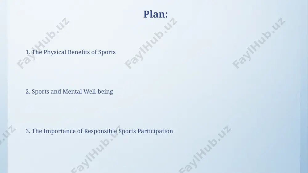 in healthcare expenditure related to preventable diseases over a 5-year period, showcasing the economic benefits of sports for public health. the physical benefits of sports regular participation in sports, even at moderate intensity, can reduce the risk of developing chronic diseases like type 2 diabetes by up to 58%, according to numerous studies on physical activity and metabolic health. strength training exercises incorporated into sports routines improve bone density, reducing the risk of osteoporosis by up to 30-40% in adults, enhancing overall skeletal health and reducing fracture risks. thank you for your attention @taqdimot_robot image4.png image5.jpg image6.jpg image7.jpg image8.jpg image9.jpg image3.jpeg