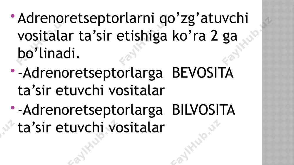 chaytirish uchun. qo’llashga qarshi ko’rsatma. gipertoniya, ateroskleroz, taxikardiya galazolin (ksilometazolin) 0,05-0,1% - 10ml eritma.imidazolin hosilasi bo’lib tasir mexanizmi naftazinga o’xshash qon tomirlarni toraytirib shilliq qavat shishlarini kamaytiradi. qo’llanilishi.laringit, rinit, sinusit, gaymarit, burun bo’shlig’ining allergik xastaliklarida qo’llaniladi. qo’llanishga qarshi ko’rsatma.surunkali tumovda, xafaqonlik, taxikardiya va aterosklerozda qo’llab bo’lmaydi. izadrin (isoprenalin hydrochlorid) 0,5-1% li 25-100ml flakon ingalatsiya uchun, 0,005 tabletka. b-1 va b- 2 adrenoretseptorlarni bevosita qo’zg’atadi.natijada yurak qisqarish soni va tezligi oshadi.yurak avtomatizmi va o’tkazuvchanligi tezlashadi.skelet mushaklarining qon tomirlari kengayadi qon bosimi pasayadi.bronxlar, mit, bachadonning silliq mushaklarini bo’shashtiradi.mns ni qo’zg’atadi. qo’llanilishi.bronxospazmlarda (aerozol shaklida ingalatsiya) atrioventikulyar blokada, bronxial astma, pnevmoskleroz, o’pka enfizemasi. qo’llashga qarshi ko’rsatmalar.taxikardiya, ekstrasistola va qorinchalar fibrillatsiyasi. nojo’ya tasiri: taxikardiya, bosh og’rig’i, tremor, aritmiya. salbutamol (ventolin) aerozol 10ml 200 martalik 0,002 tabletka. asosan b - 2 adrenoretseptorlarni qo’zg’atadi, b - 1 adrenoretseptorlarga tasir etmagani uchun taxikardiya yuzaga kelmaydi.qon bosimini o’zgartirmaydi. mit dan yaxshi so’riladi, tasiri davomliroq. qo’llanilishi.bronxospazmlarda, bachadon qisqarishini susaytirish uchun, …