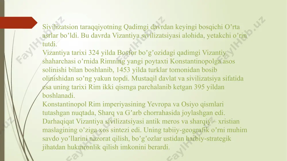 imperiyasining imperatori (vasilevs) deyarli cheklanmagan hokimiyatga ega boʼlgan, ammo oʼzini hech qachon qonundan ustun qoʼymagan. unga koʼp sonli sud, harbiy va soliq muassasalari, davlat amaldorlari, shuningdek, maslahat organiga vazifasini bajargan sinklit (lotincha senat) boʼysungan. vizantiyada nafaqat zodagonlar, balki iqtidorli va bilimli oddiy kishilar ham yuqori darajalarga erishish imkoniga ega boʼlgan. vizantiyaliklar imperiya gʼoyasini rimdan qabul qilib olganlar. xristianlik muqaddaslik tusini berib, imperiya gʼoyasini mustahkamlagan. 4 asrda buyuk konstantinning safdoshlaridan biri evseviy kesariyskiy vizantiya davlatchiligining diniy asosiga aylangan siyosiy nazariyani ishlab chiqqan. unga koʼra vizantiyada dunyoviy va diniy hokimiyat qoʼshilib, simfoniya (uygʼunlik) ni vujudga keltiradi. imperator nafaqat dunyoviy hukmdor, shu bilan birga cherkov boshligʼi. imperator hokimiyatining oʼzi muqaddaslashtirilgan, shunga qaramasdan nomaqbul imperatorlarni koʼpincha taxtdan agʼdarishgan. yevseviy kesariyskiy nazariyasiga koʼra vizantiya xristianliknng tayanchi, u xudoning homiyligi ostida boshqa xalqlarni najotga yetaklaydi. imperiya gʼoyasi vizantiyaga yaxlitlikni, saltanatni saqlab qolish imkonini berdi. аmmo shu bilan birga anʼanalar va odatlarni saqlab qolishga yoʼnaltirilgan imperiya gʼoyasi, …
