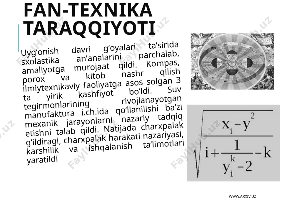 tashish kemalarining tezligi 20 uzel (qariyb 40 km)ga yetdi. katta sig’imli kemalarning qurilishi yirik bandargohlar shakllanishiga sabab bo’ldi. o’sha vaqtda to’g’on va dambalar qurila boshlandi, sun’iy kanallardan suv yo’li sifatida tobora keng foydalanila boshlandi www.arxiv.uz 6 mashinasozlik xix asrning 70- yillaridan 1914- yilgacha jahon mashinasozligi katta sur’atlar bilan rivojlandi. metallarni kesish jarayonini ilmiy jihatdan tekshirishga peterburg tog’ institutining professori i.a.time asos soldi, u o’z asarlarida metall kesishning asosiy qonunlarini ta’riflab berdi. amerikalik ishbilarmon f.u.teylor (l856—1915) tokarlik ishlarida bo’ladigan kesish rejimlarini empirik yo’l bilan aniqladi. elektr bilan payvandlash usulini dastlab 1867- yilda amerikalik elektrotexnik tomson qo’llagan edi. elektr bilan payvandlashning n.n.benardos yaratgan usulini rivojlantirgan va takomillashtirib borgan boshqa bir rus olimi n.g.slavyanov 1888- yilda ko’mir elektrod bilan emas, balki metall elektrod bilan qizdirib payvandlash usulini topdi. ingliz ch.person, shved к.g.laval, fransuz o.ratolar turbinali dvigatellarga, nemis g.golvart gaz turbinali, m.nikolskiy samolyotlar uchun turbovintli dvigatellarga asos soldi. 1903- yili aka-uka raytlar samolyotda uchdilar. …