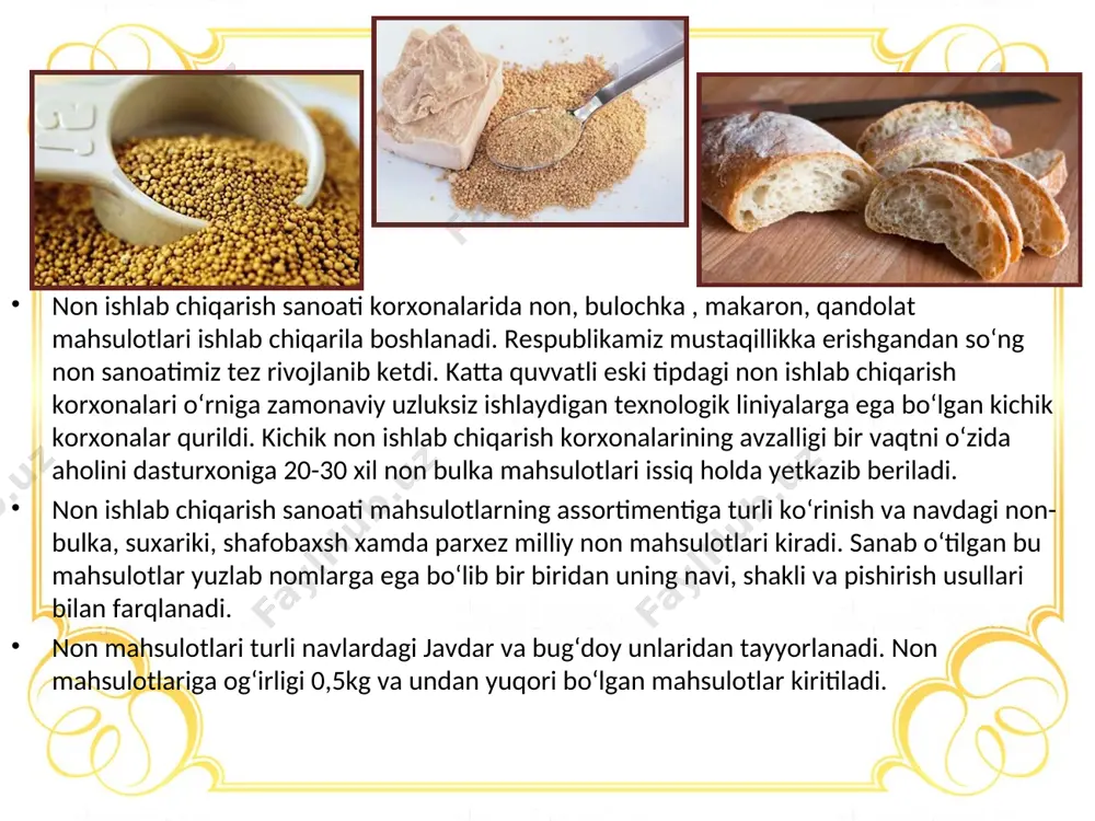 h tuzi nacl va oz miqdorda boshqa mineral tuzlar aralshmasidan iborat. osh tuzi tarkibidagi aralashmalari miqdoriga ko‘ra 4 ta navga bo‘linadi: ekstra, oliy, 1 nav, 2 nav, yodlangan tuz xam ishlab chiqariladi. nacl miqdori 97-99.5 % dan kam bo‘lmasligi, suvda erimaydigan quruq moddalar cho‘kmasi 0.03-0.85% dan oshmasligi kerak namligi 5-6% atrofida. ishlov berish usuliga ko‘ra tuz mayda kristalli, maydalangan va maydalanmagan tuzlarga bo‘linadi. non mahsulotlari ishlab chiqarishda maydalangan tuzning 1 va 2 navi ishlatiladi. asosan tuz 26-28% eritma holida ishlatiladi. shakar. shakarda 99,7 % saxaroza va 0.14 % namlik bo‘ladi. u suvda batomom eriydi, yog‘ ta’mi va xidi bo‘lmaydi, mazasi shirin, qo‘lga olib ko‘rganda quruq. shakar nam tortadigan bo‘lgani uchun shamollatib turiladigan quruq xonada saqlanadi, bu xonaning nisbiy namligi ko‘pi bilan 70% bo‘lishi kerak, aks holda shakar nam tortib yopishqoq va kesak-kesak bo‘lib qoladi. undan tayyorlanadigan non mahsulotlariga shakar maza beradi, ularning to‘yimliligini oshiradi va xamirning tuzilishini o‘zgartiradi. shakar kleykovinaning …