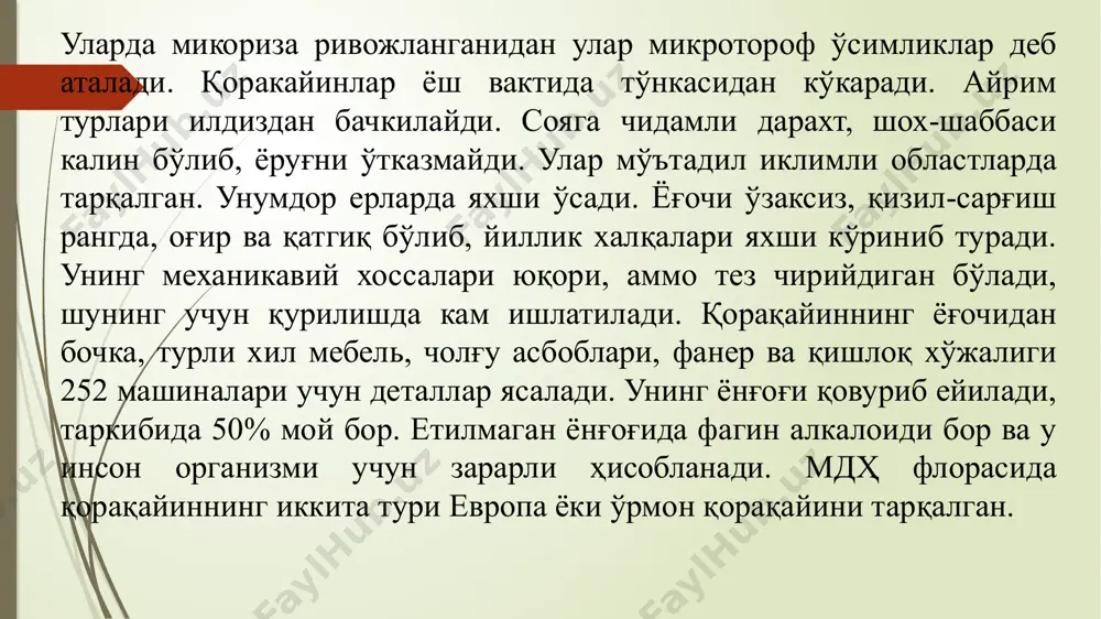 и. нектарли ўсимлик хисобланадн. меваси октябрь ойининг бошларида етилади ва ноябр ойи давомида ерга тўкилади. меваси юпка ёғочланган, дағал, жигар рангда. ялтирок, туб қисмида рангли доғи бор. уруғи эндоспермасиз, эмбриони ок-сарик рангда, уруғ палласи серэт, пластик моддаси жуда кўп. дарахт илдизи ўқ илдиз бўлиб, ерга чукур кириб боради. тўнкасидан кўкаради, йил яшайди, 1000- 3000 йиллик дарахтлари қайд этилган. у кавказ орти ғарбий ҳудудларидаги ўрмонзорларда, кичик осиёнинг шимолий қисмида ва ўртаер денгизи атрофидаги ҳудудларда тарқалган. шимолий кавказнинг тоғ қияликларида, дарё водийларида ўрмонзорлар хосил килади. у нихоятда ёруғсевар ва иссиқсевар дарахт. каштаннинг ёгочи тўқ жигар рангда, ўзакли бўлиб, физикавий ва механикавий хоссалари жуда яхши. ундан қурилиш ишларида, дурадгорликда, мебель ва бочка ясашда фойдаланилади. каштаннинг ёғочида, пўстлоғида, баргларида ва ўрамасида кўп микдорда (10-16%) ошловчи ва бўёқ моддалар бор. совуққа чидамсиз тур ҳисобланади. каштаннинг иккинчи тури америка тишчали каштанидир. эман (fagaceae) бу туркум қорақайиндошлар оиласига мансуб бўлиб, бўйи 40 м гача бўлган дарахтлар киради. …