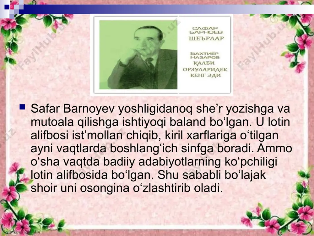 she’rlar, ertaklar, 1989), rus tilida esa (hikoyalar, qissalar, 1990), „yangi kunlar“ (qissa, 1990), „nilufarning olmalari“ (hikoyalar, 1996), „kichkina xo‘ja nasriddin“ (qissa, 1998) singari kitoblari nashr qilingan. adibning ko‘pgina asarlari rus, tojik, qirg‘iz, ukrain, belorus, polyak, ingliz tillariga tarjima qilingan. uning „47-yil hikoyaiari“, „afg‘on bolalari“ hikoyalar turkumi adabiyjamoatchilik tomonidan yuqori baholangan. image2.jpeg image3.jpeg image4.jpeg image5.jpeg image6.jpeg image1.jpeg